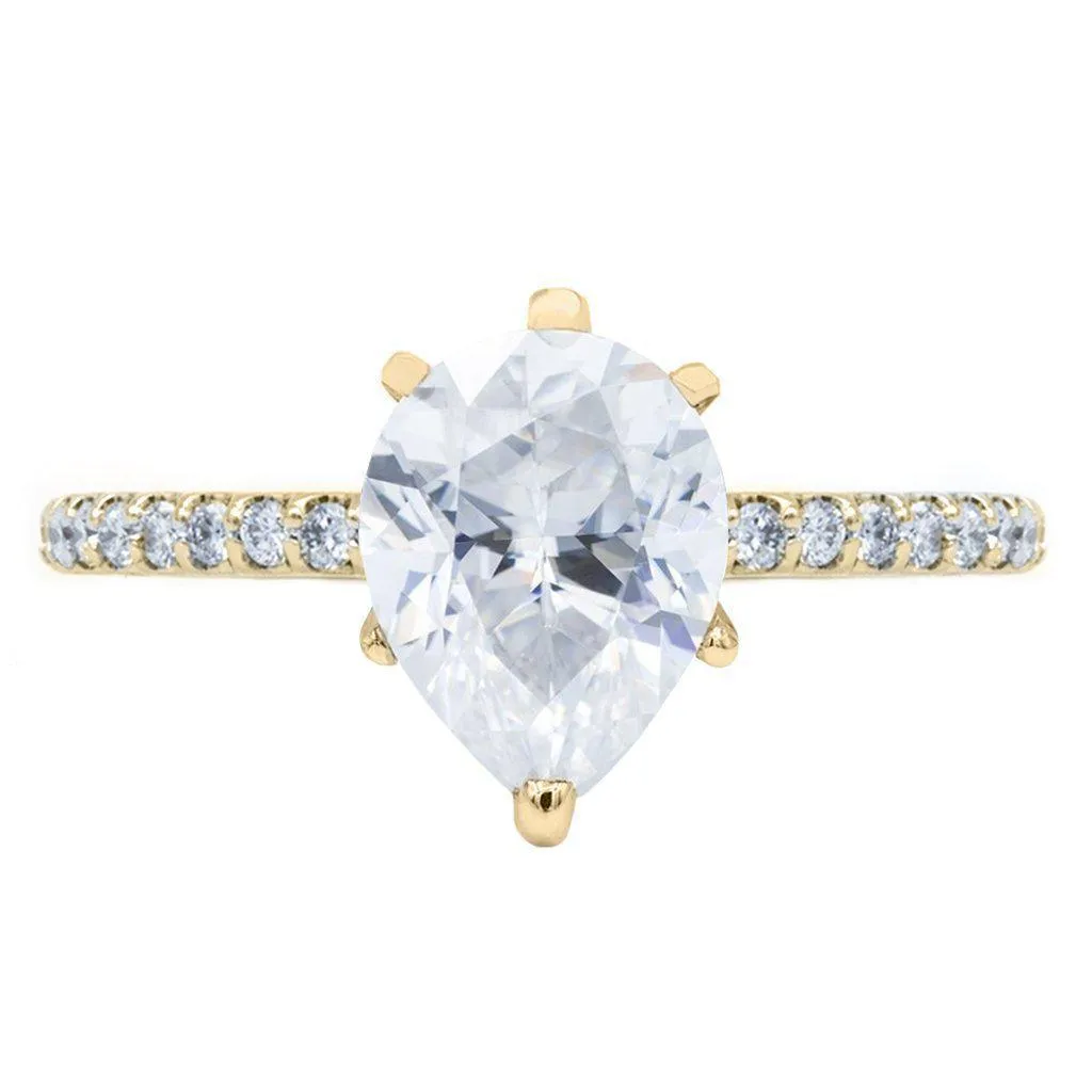 Pear Crushed Ice Moissanite 6 Prongs Diamond Accent Ice Cathedral Solitaire Ring