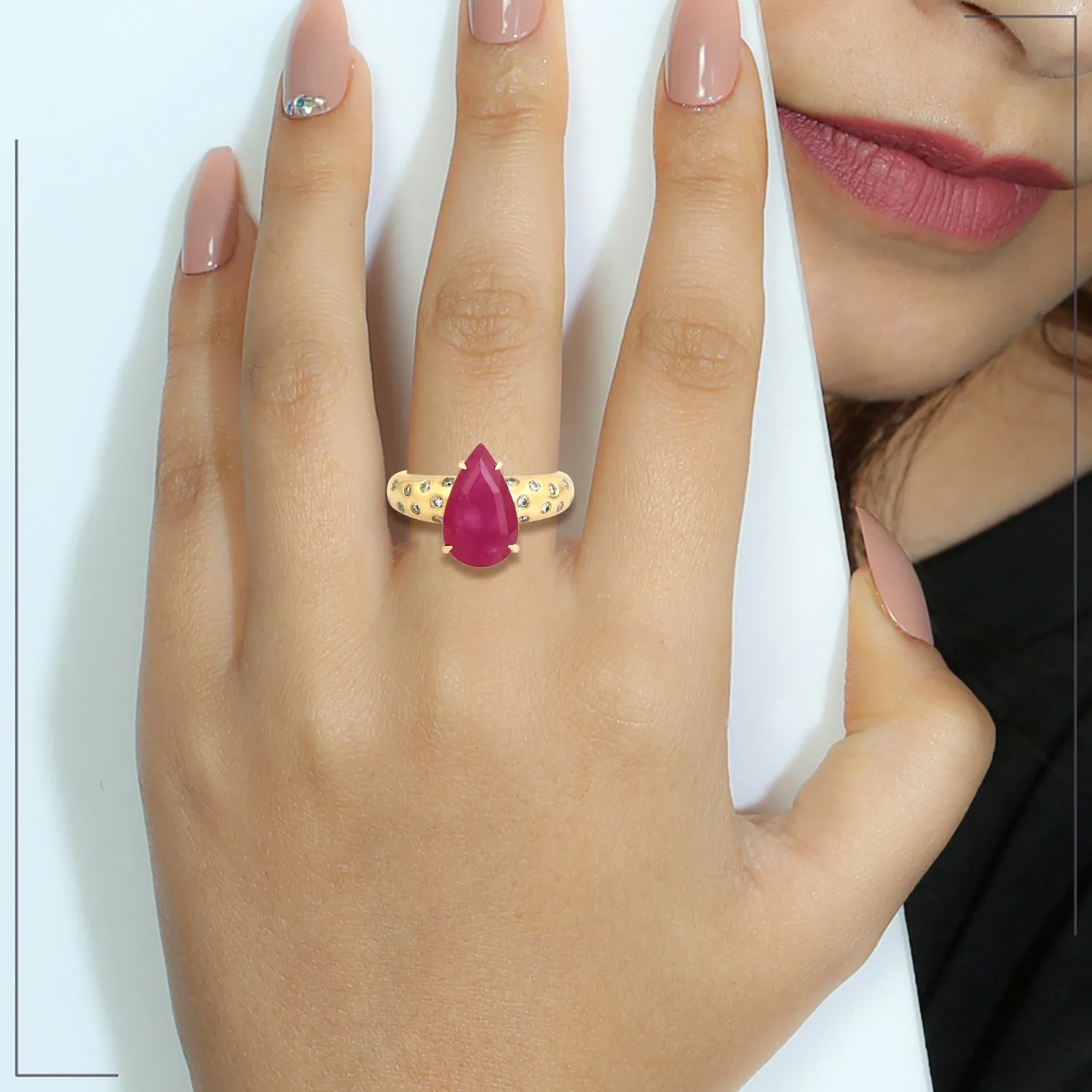 Pear Ruby Bezel Set Diamond In Yellow Gold Designer Ring Jewelry For Her