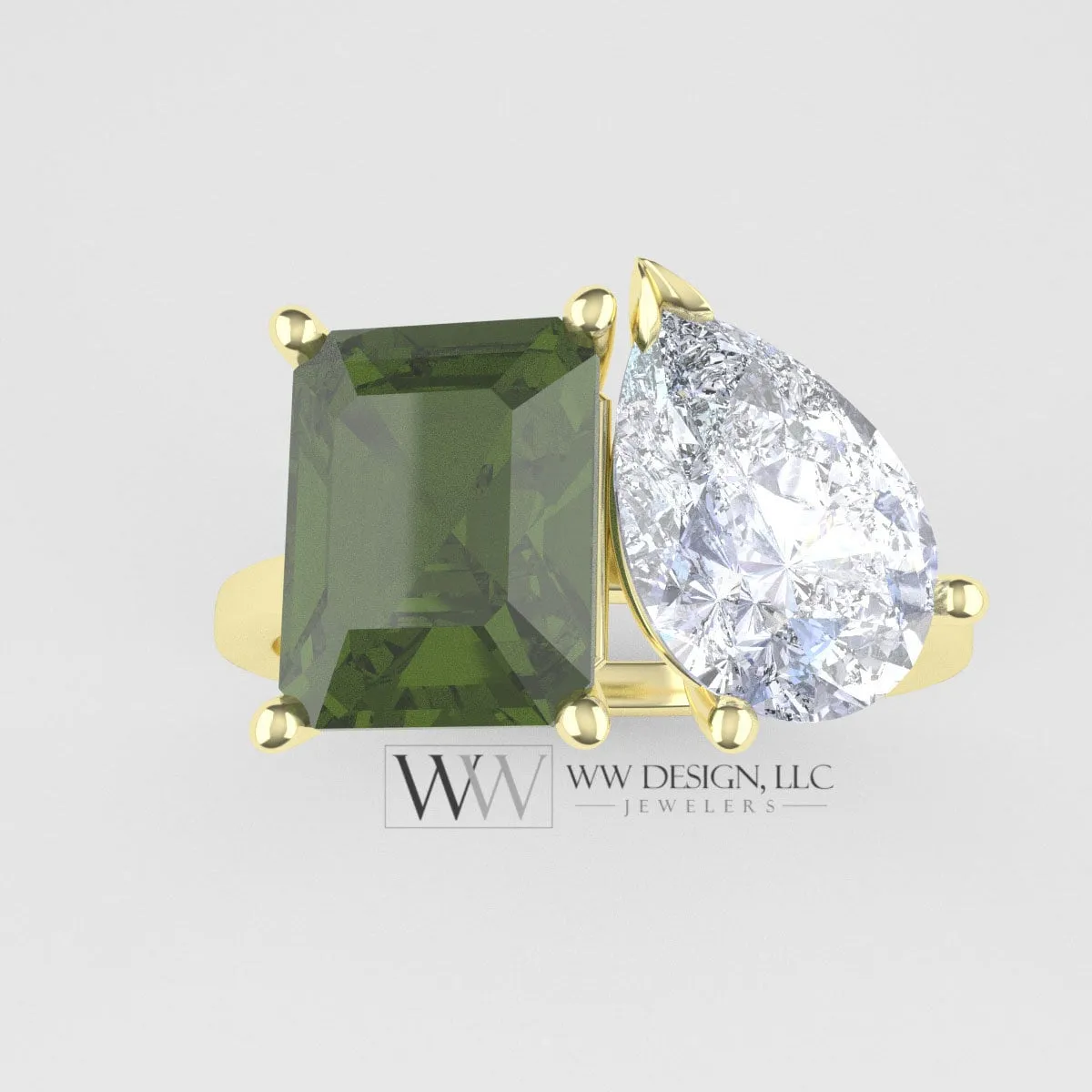 Peridot & Moissanite 2 Stone Moi Et Toi Ring - 18k or 14k Gold (Y, W, R) or Platinum