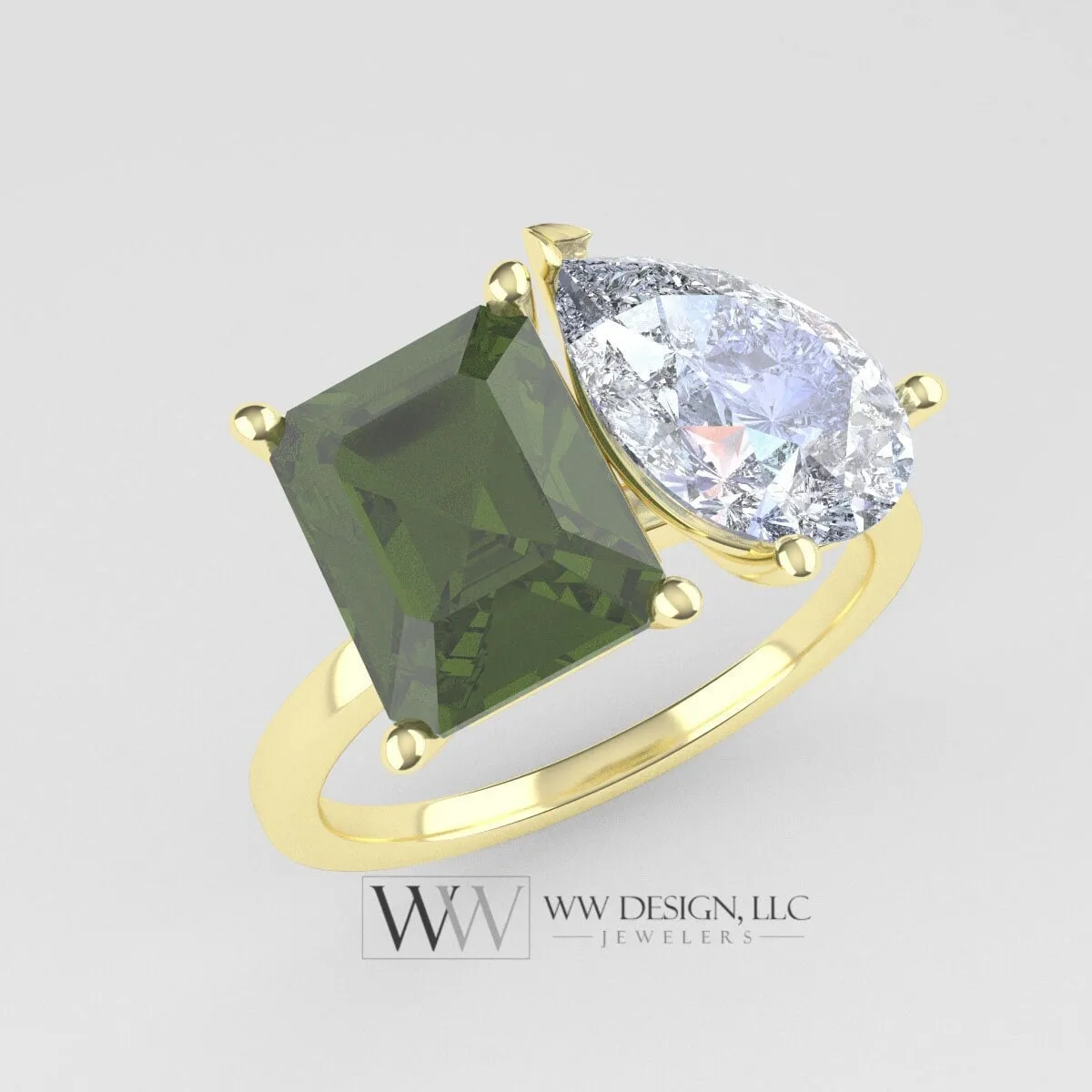 Peridot & Moissanite 2 Stone Moi Et Toi Ring - 18k or 14k Gold (Y, W, R) or Platinum