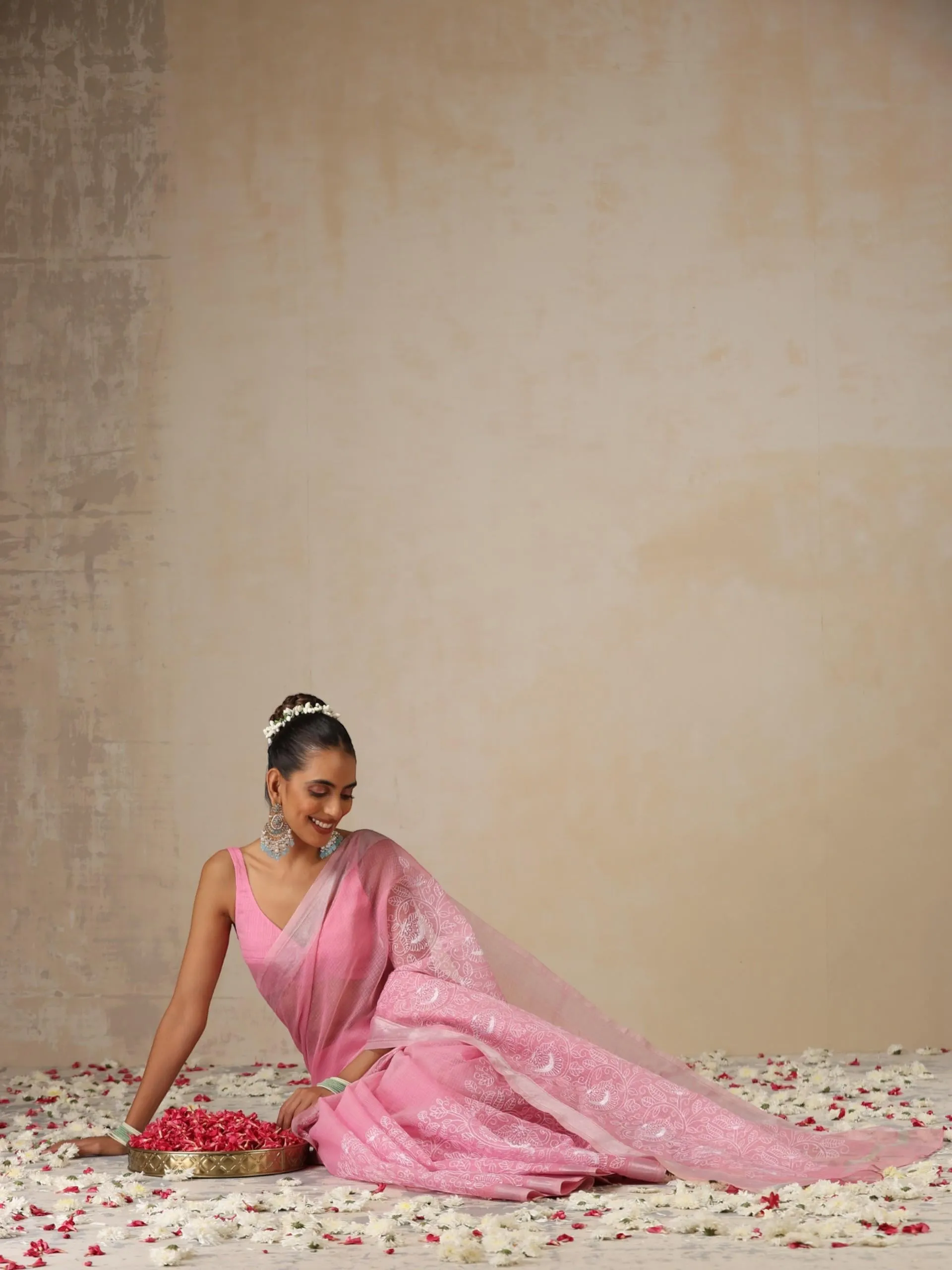 Pink and Silver Cotton Kota Saree with Allover Embroidery and Blouse Fabric