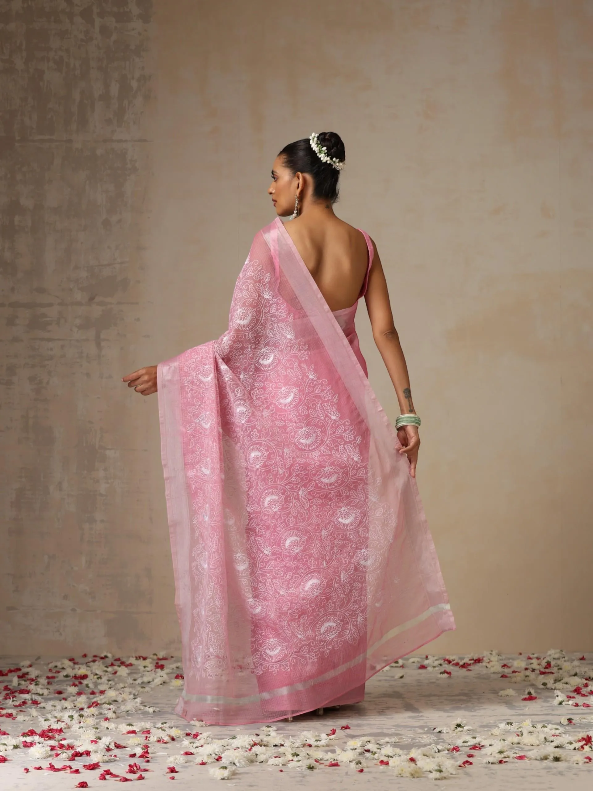 Pink and Silver Cotton Kota Saree with Allover Embroidery and Blouse Fabric
