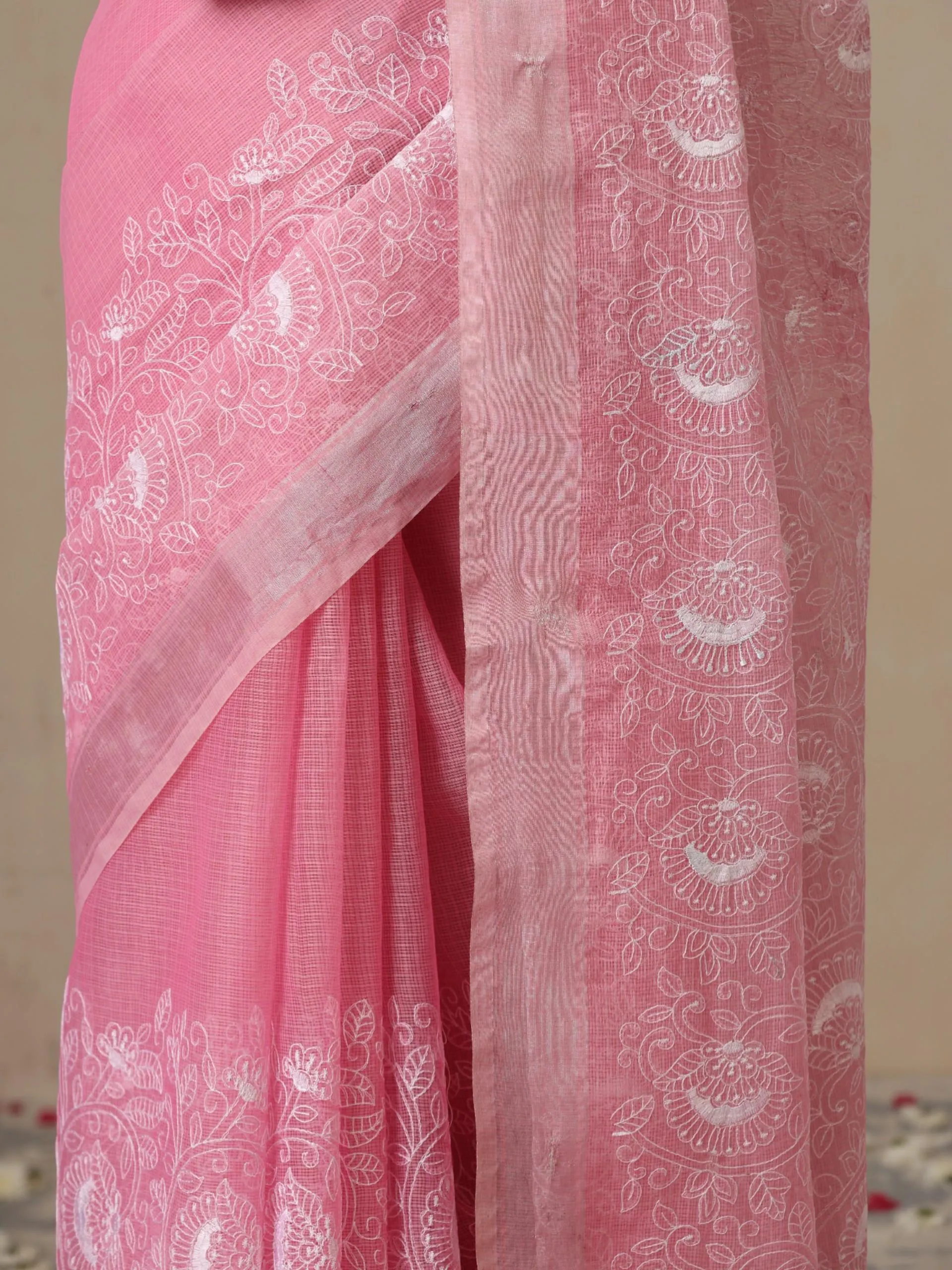 Pink and Silver Cotton Kota Saree with Allover Embroidery and Blouse Fabric