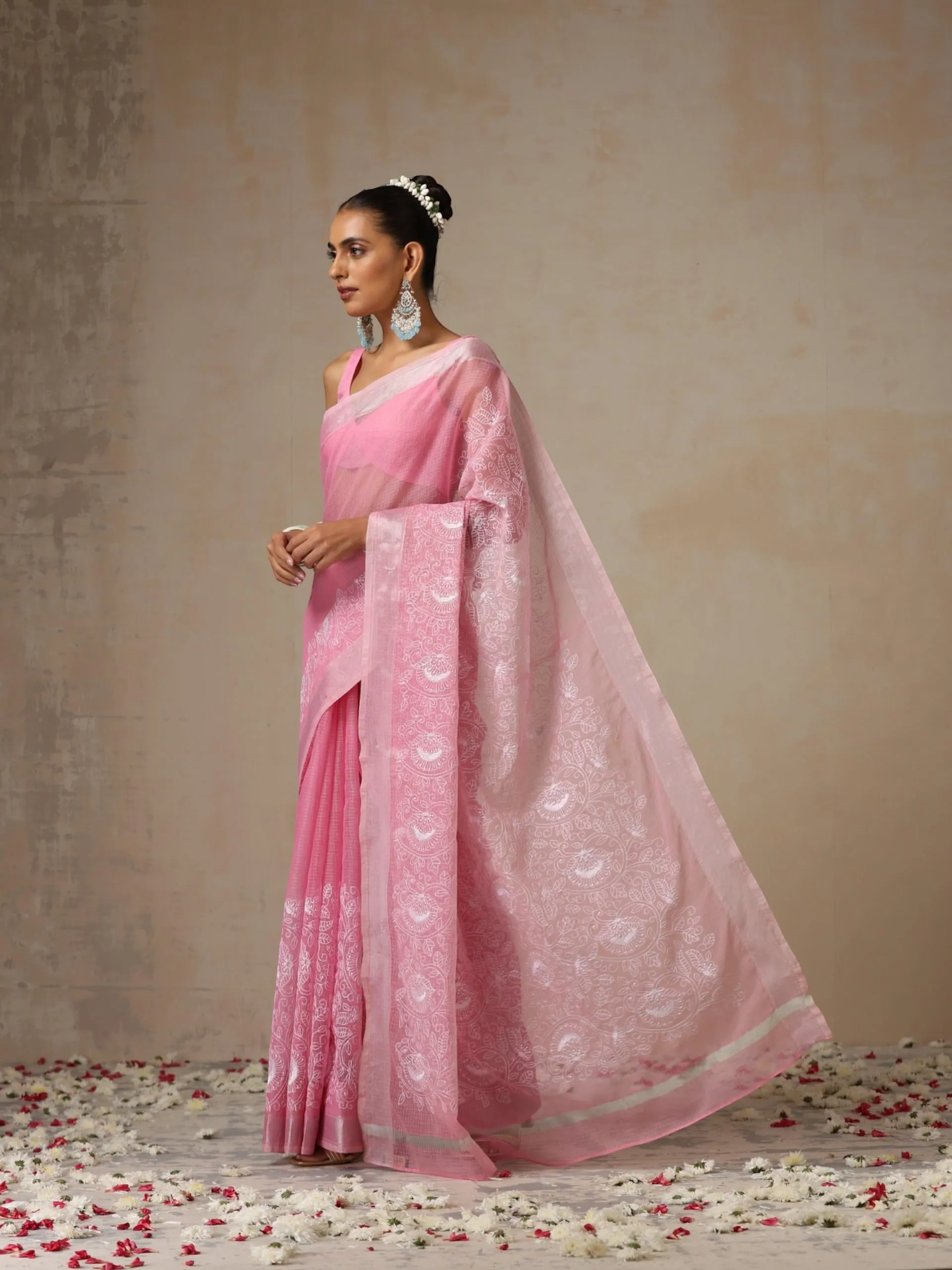 Pink and Silver Cotton Kota Saree with Allover Embroidery and Blouse Fabric