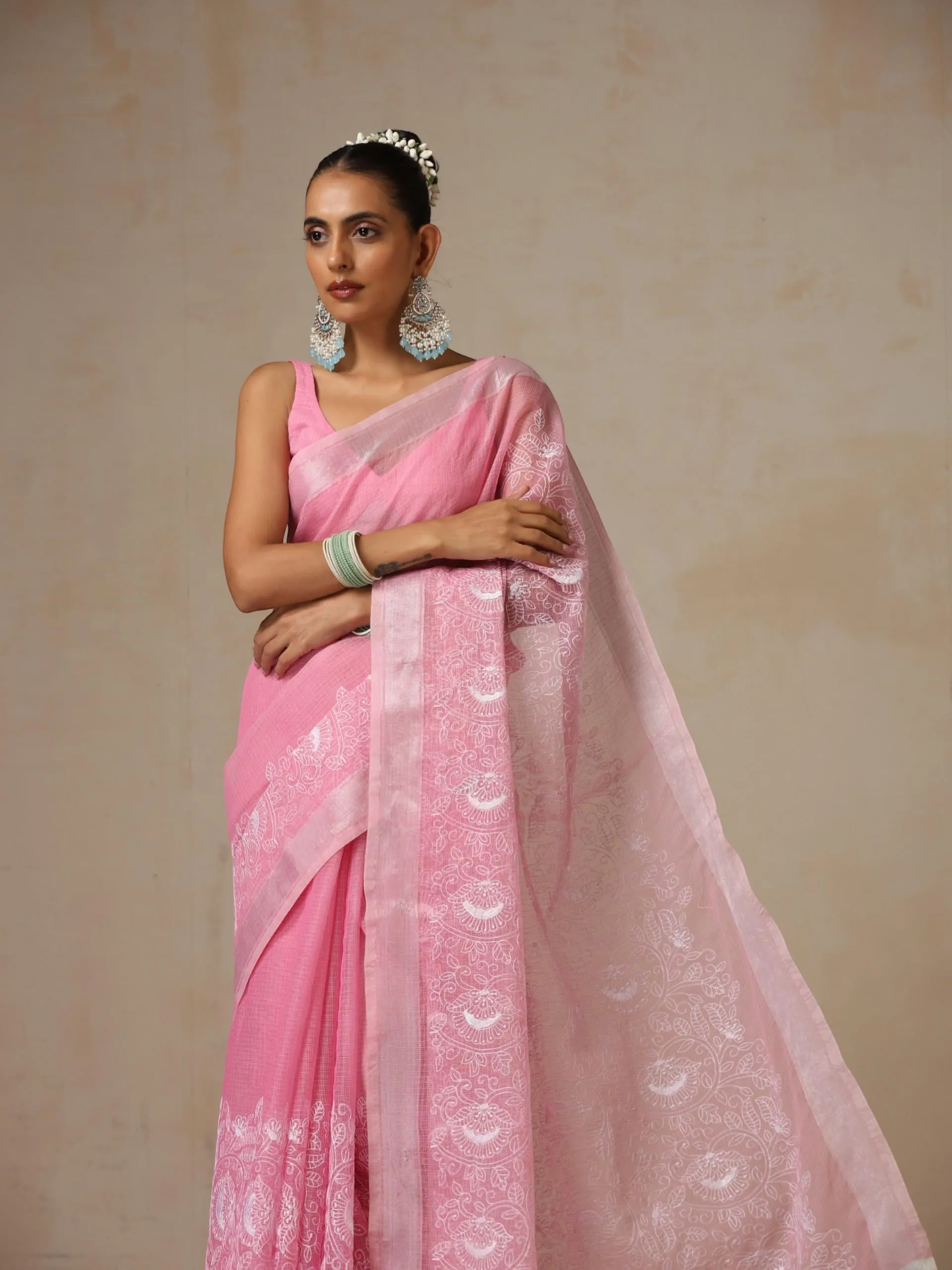 Pink and Silver Cotton Kota Saree with Allover Embroidery and Blouse Fabric
