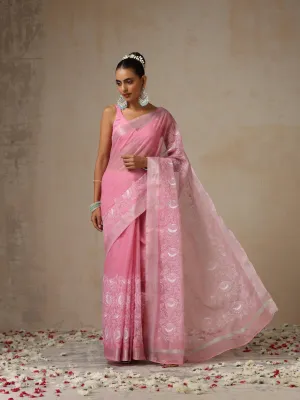 Pink and Silver Cotton Kota Saree with Allover Embroidery and Blouse Fabric