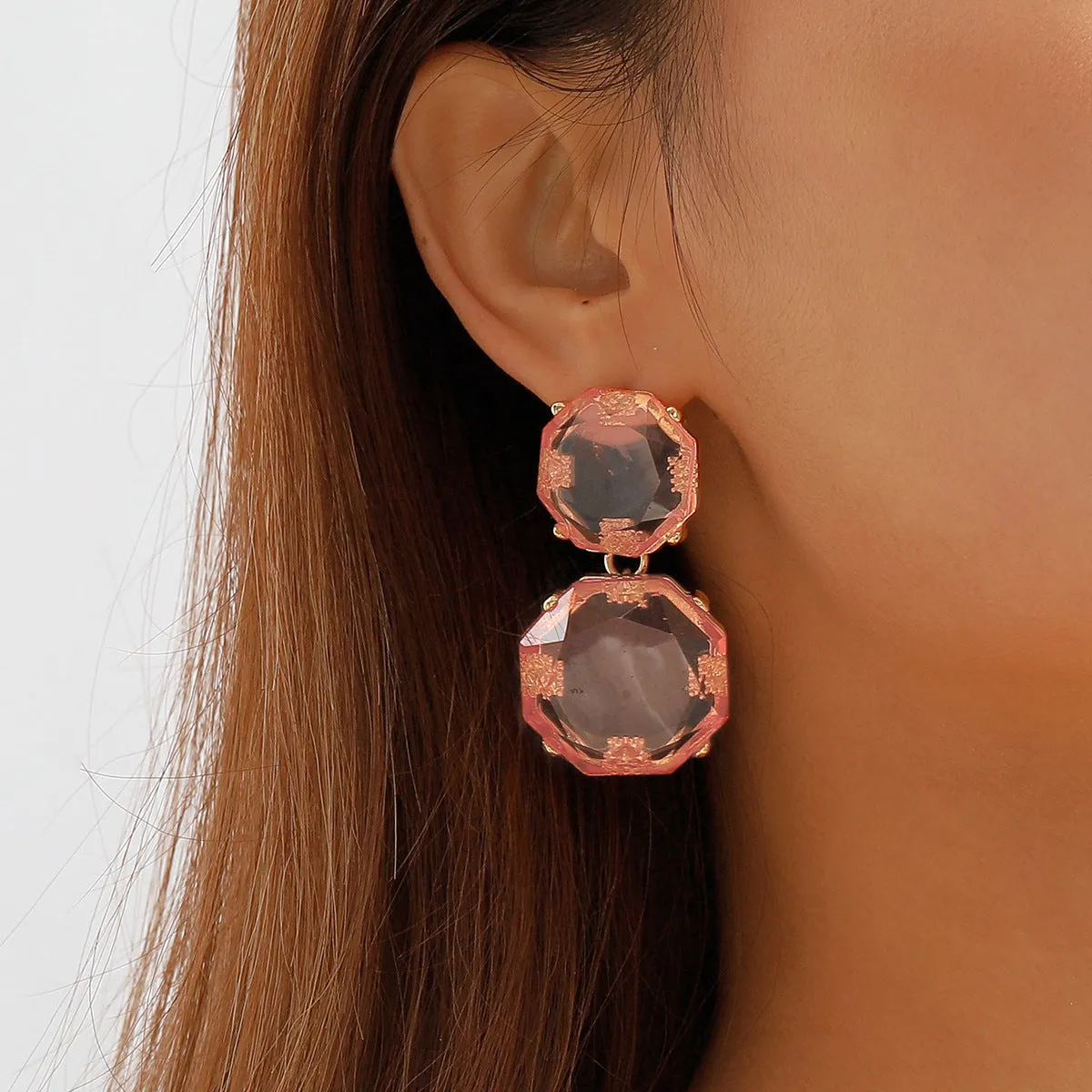 Pink Crystal & 18K Gold-Plated Octagon Drop Earrings