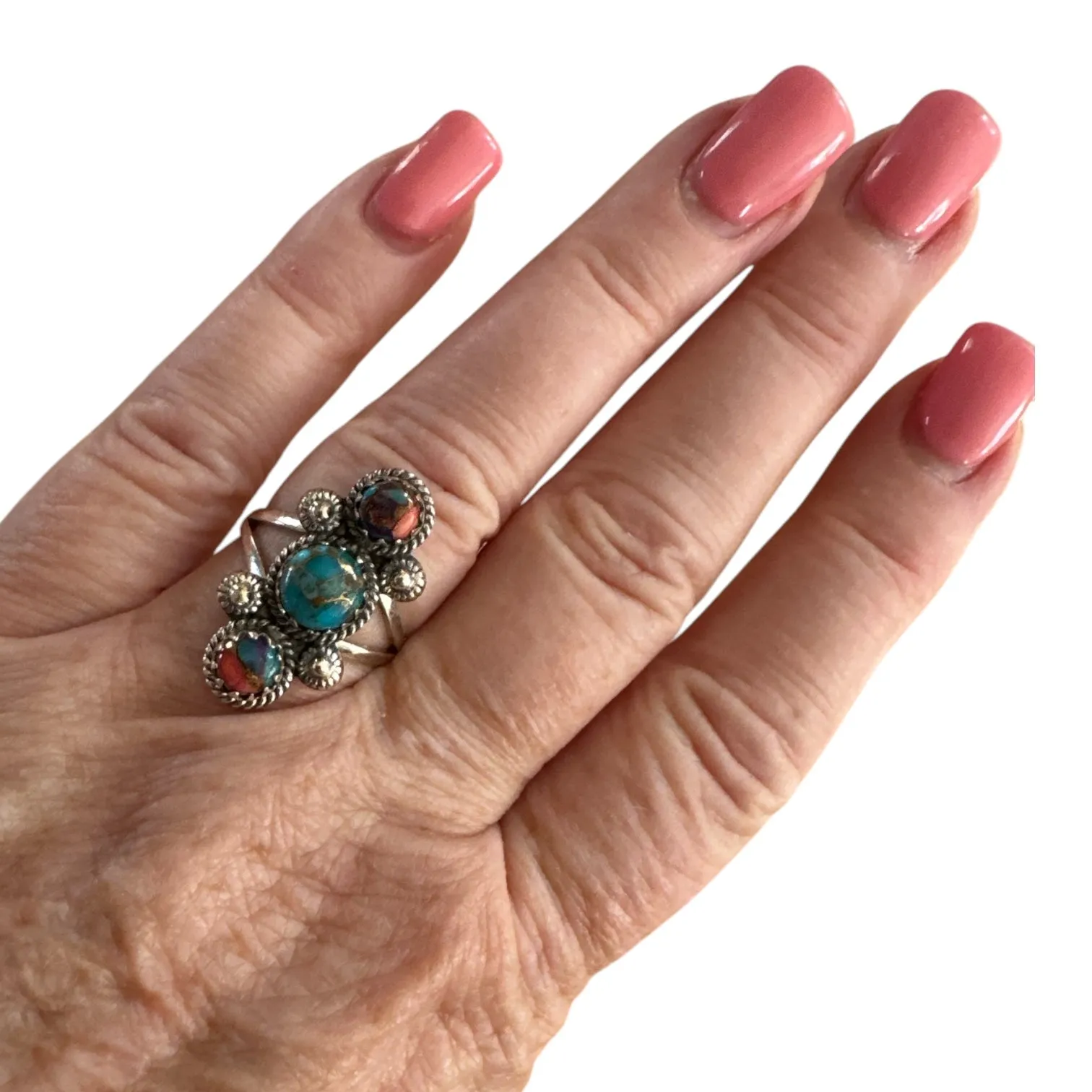 Pink Dahlia Turquoise Solid 925 Sterling Silver Ring 7