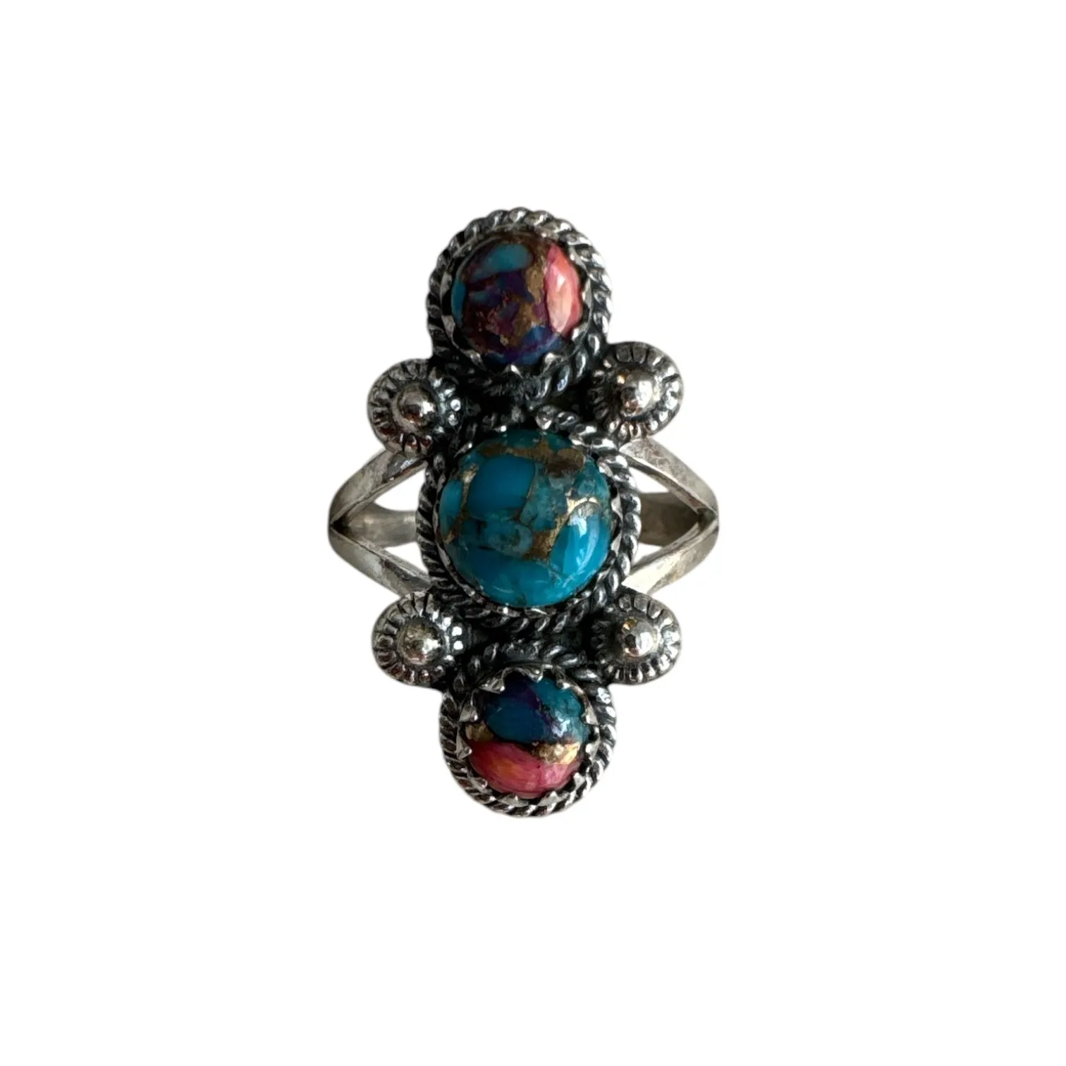 Pink Dahlia Turquoise Solid 925 Sterling Silver Ring 7