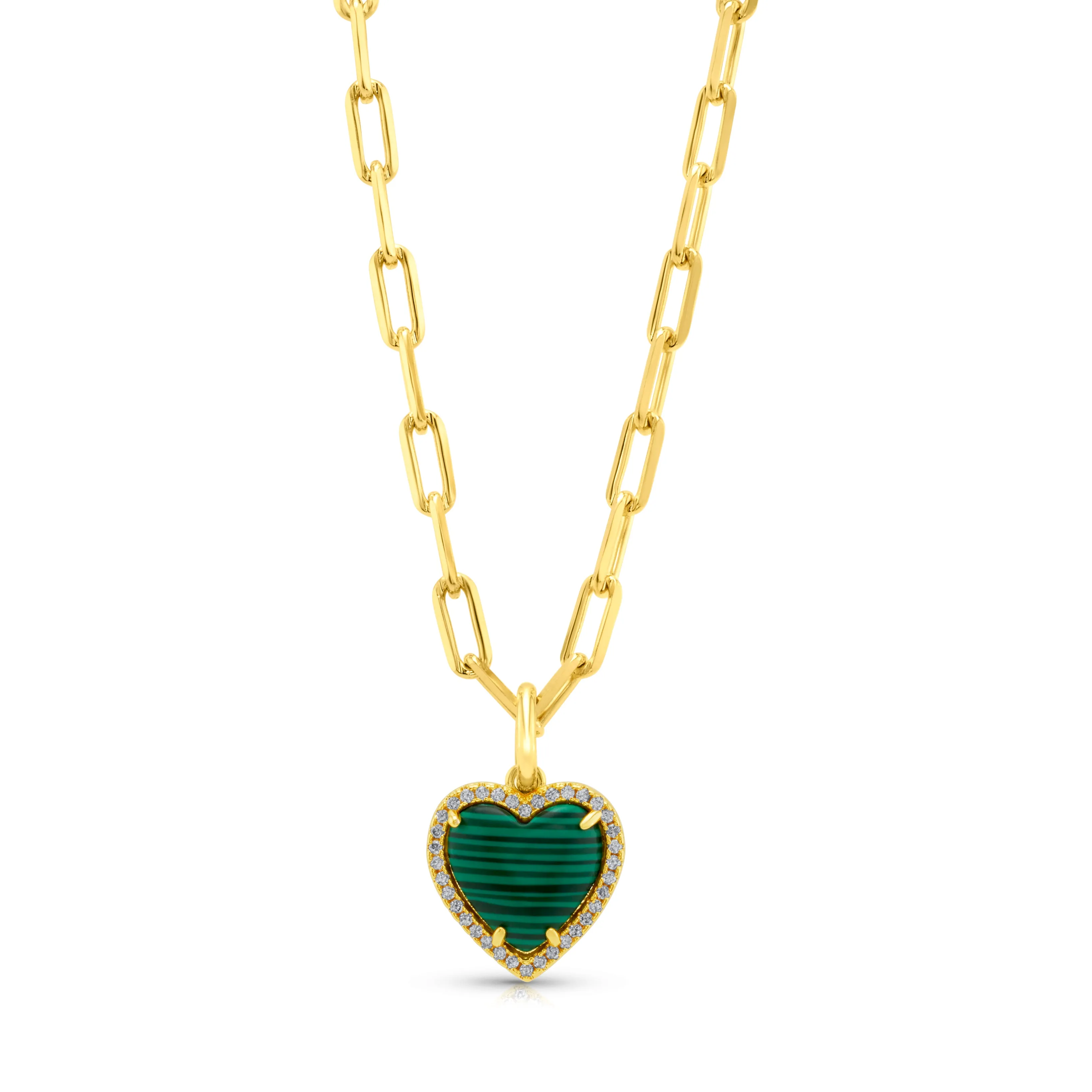 PRECIOUS GEM HEART CHAIN NECKLACE, MALACHITE GOLD