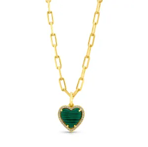 PRECIOUS GEM HEART CHAIN NECKLACE, MALACHITE GOLD