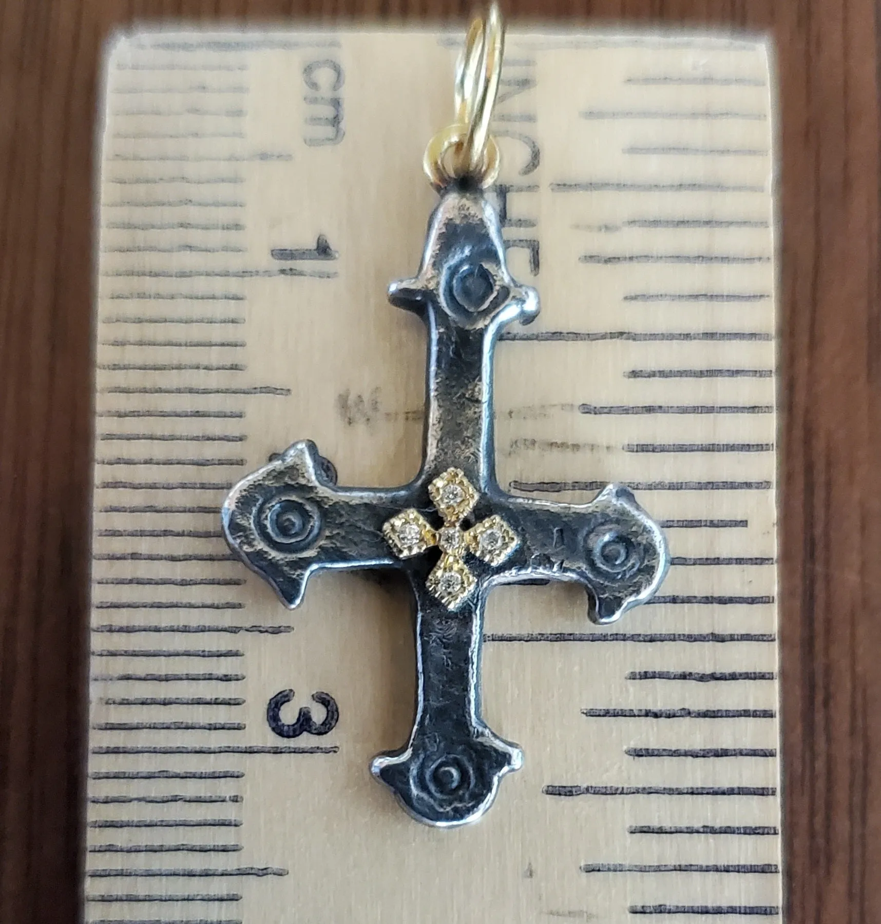 Prehistoric Works Sterling Silver & 24K gold Byzantine cross w/diamonds
