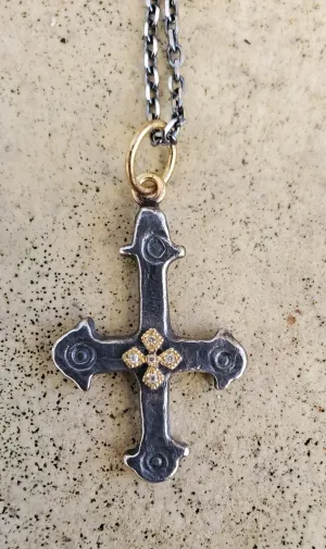 Prehistoric Works Sterling Silver & 24K gold Byzantine cross w/diamonds