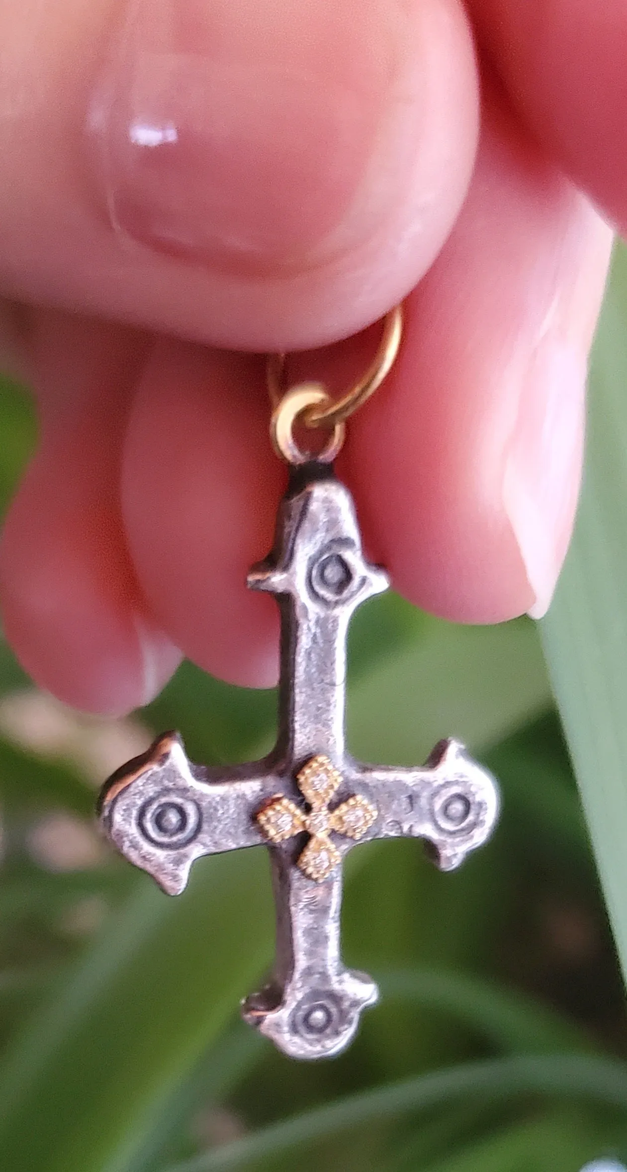 Prehistoric Works Sterling Silver & 24K gold Byzantine cross w/diamonds