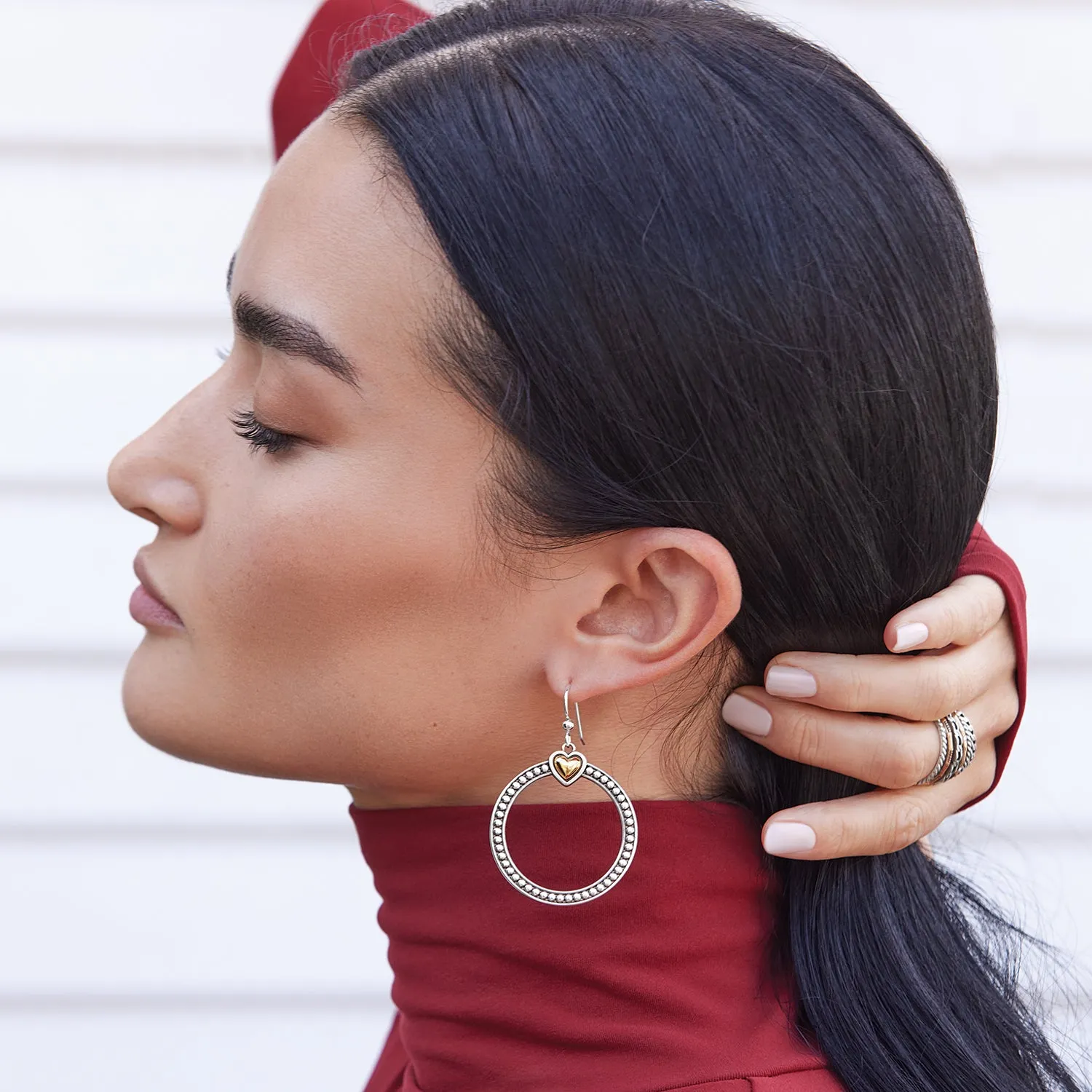 Pretty Tough Bold Heart Two Tone French Wire Earrings - JA9921