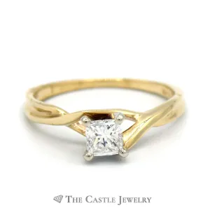 Princess Cut Diamond Solitaire Engagement Ring with Cross Over Design in 14k Yellow Gold