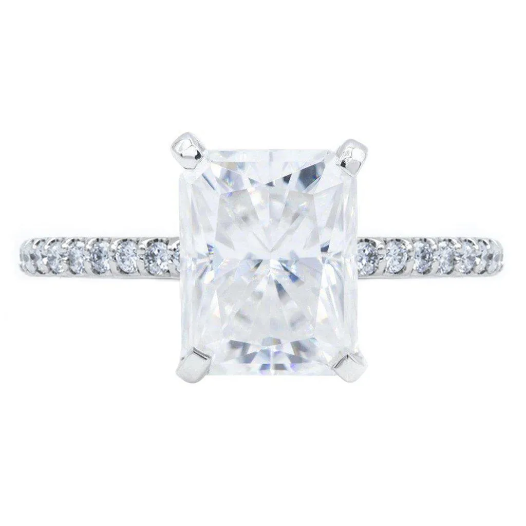 Radiant Crushed Ice Moissanite 4 Prongs Diamond Accent Ice Cathedral Solitaire Ring