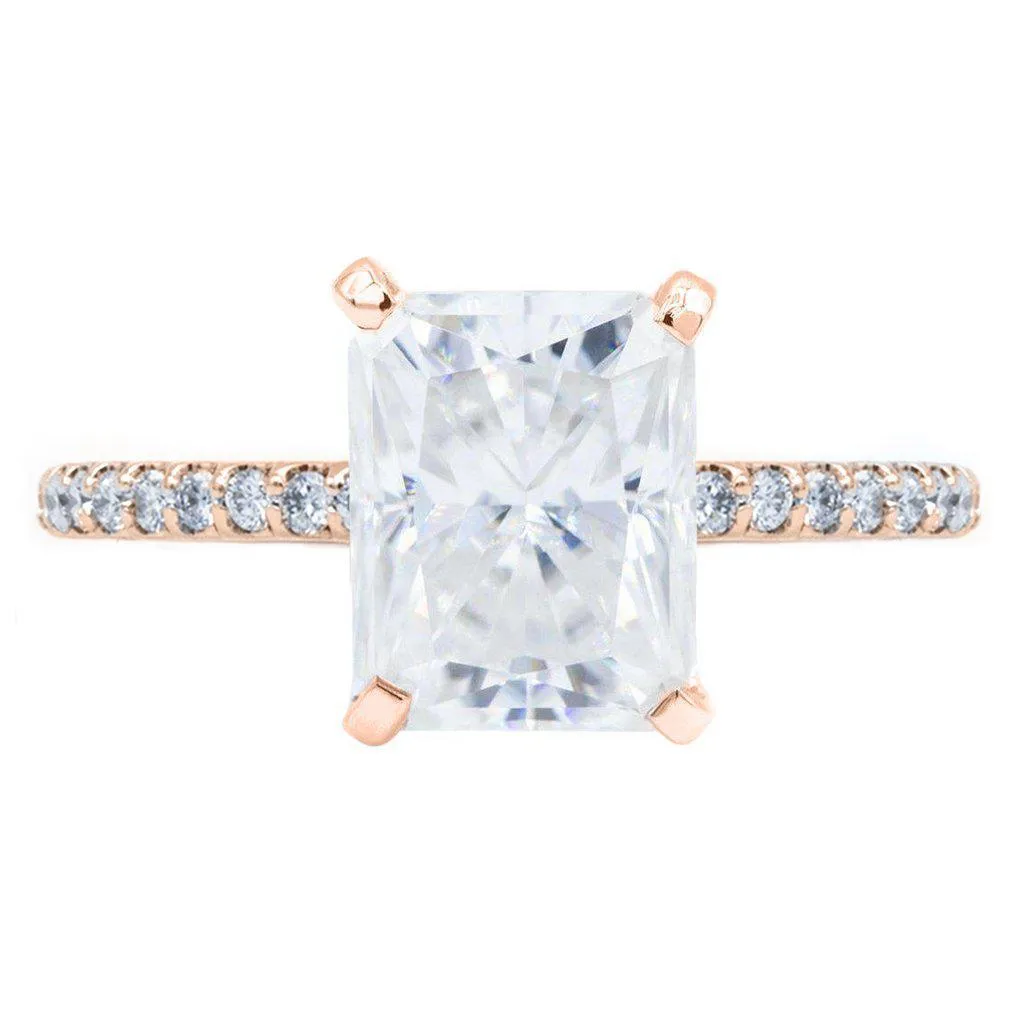 Radiant Crushed Ice Moissanite 4 Prongs Diamond Accent Ice Cathedral Solitaire Ring