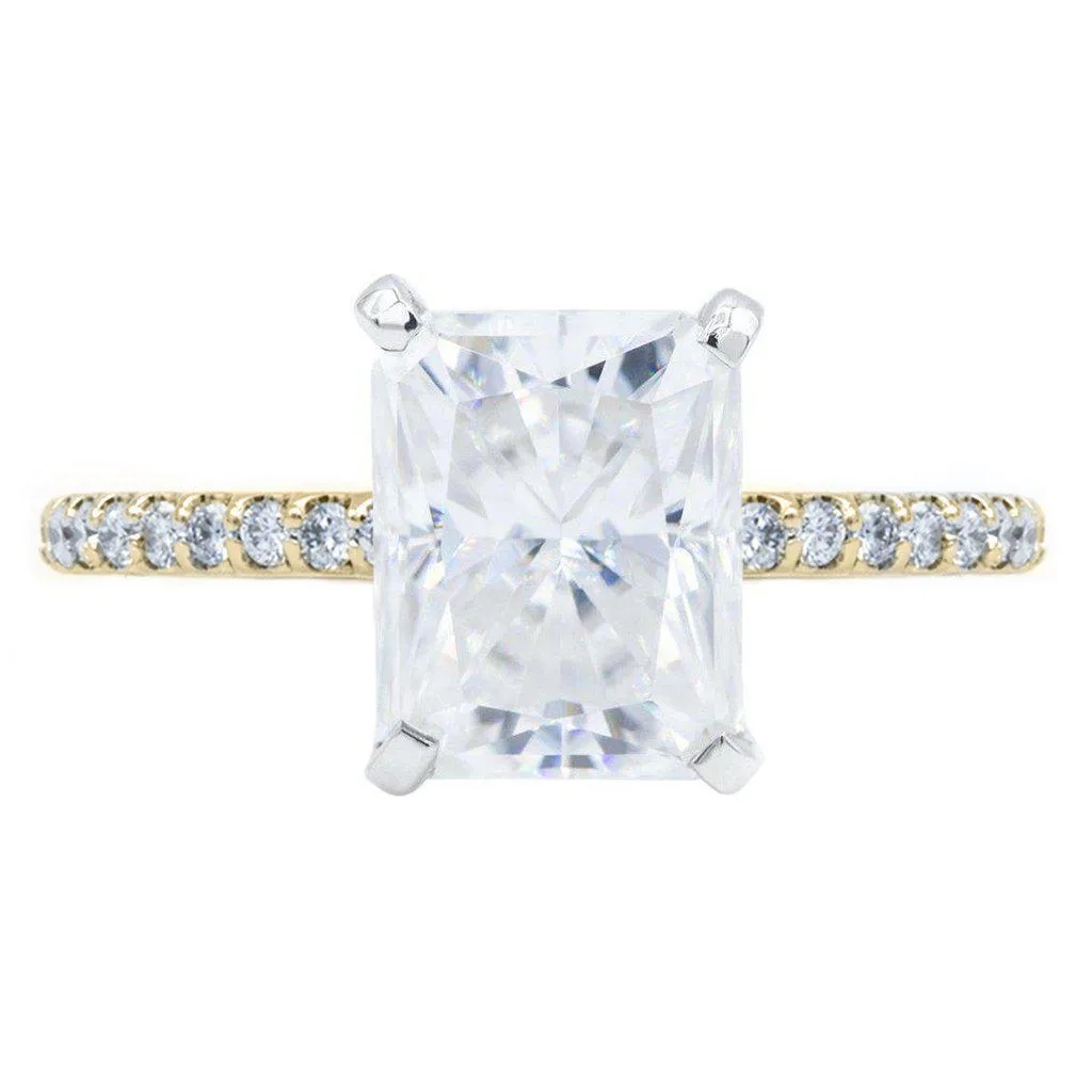 Radiant Crushed Ice Moissanite 4 Prongs Diamond Accent Ice Cathedral Solitaire Ring