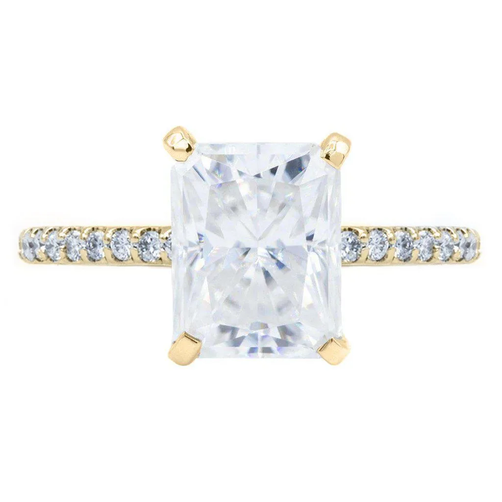 Radiant Crushed Ice Moissanite 4 Prongs Diamond Accent Ice Cathedral Solitaire Ring