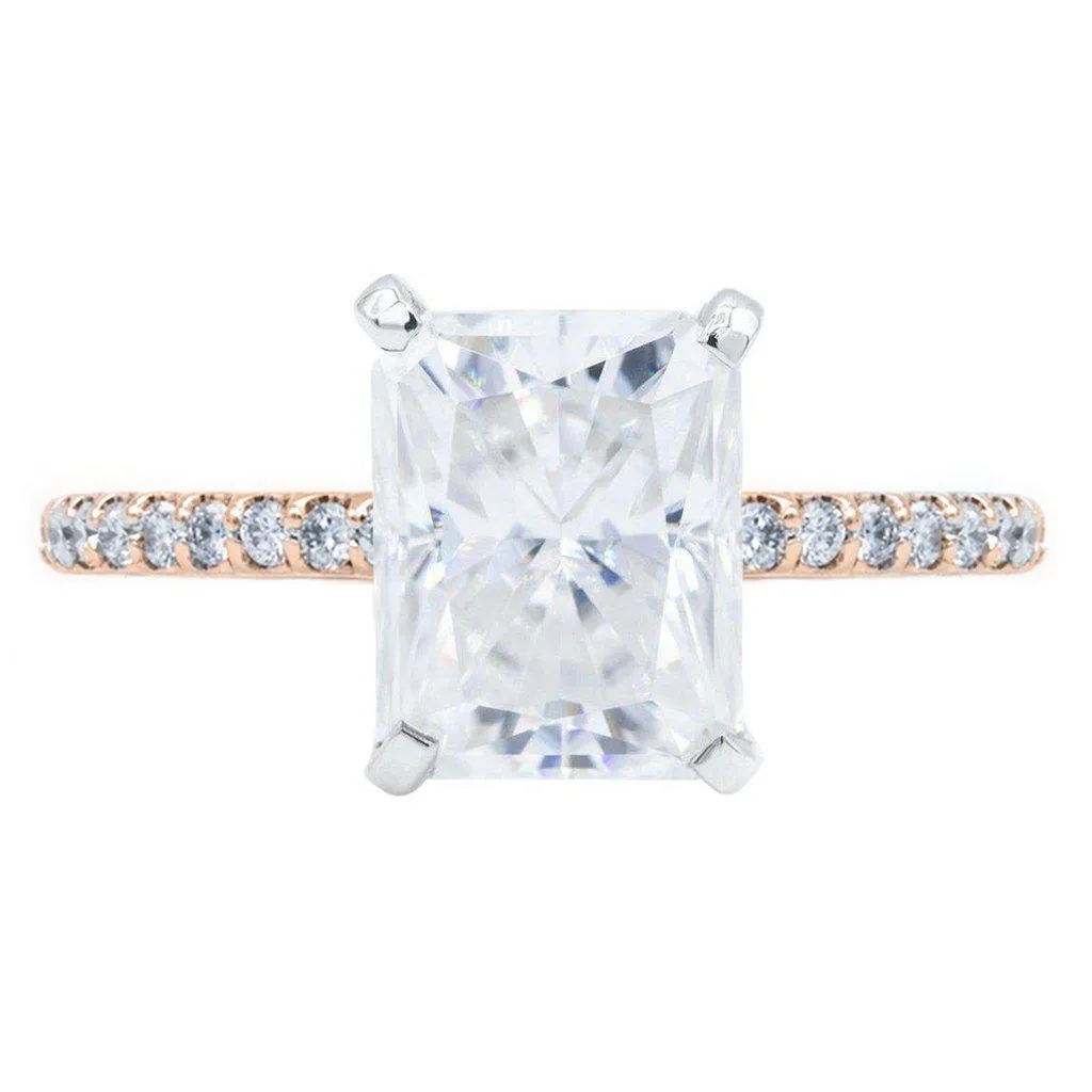 Radiant Crushed Ice Moissanite 4 Prongs Diamond Accent Ice Cathedral Solitaire Ring