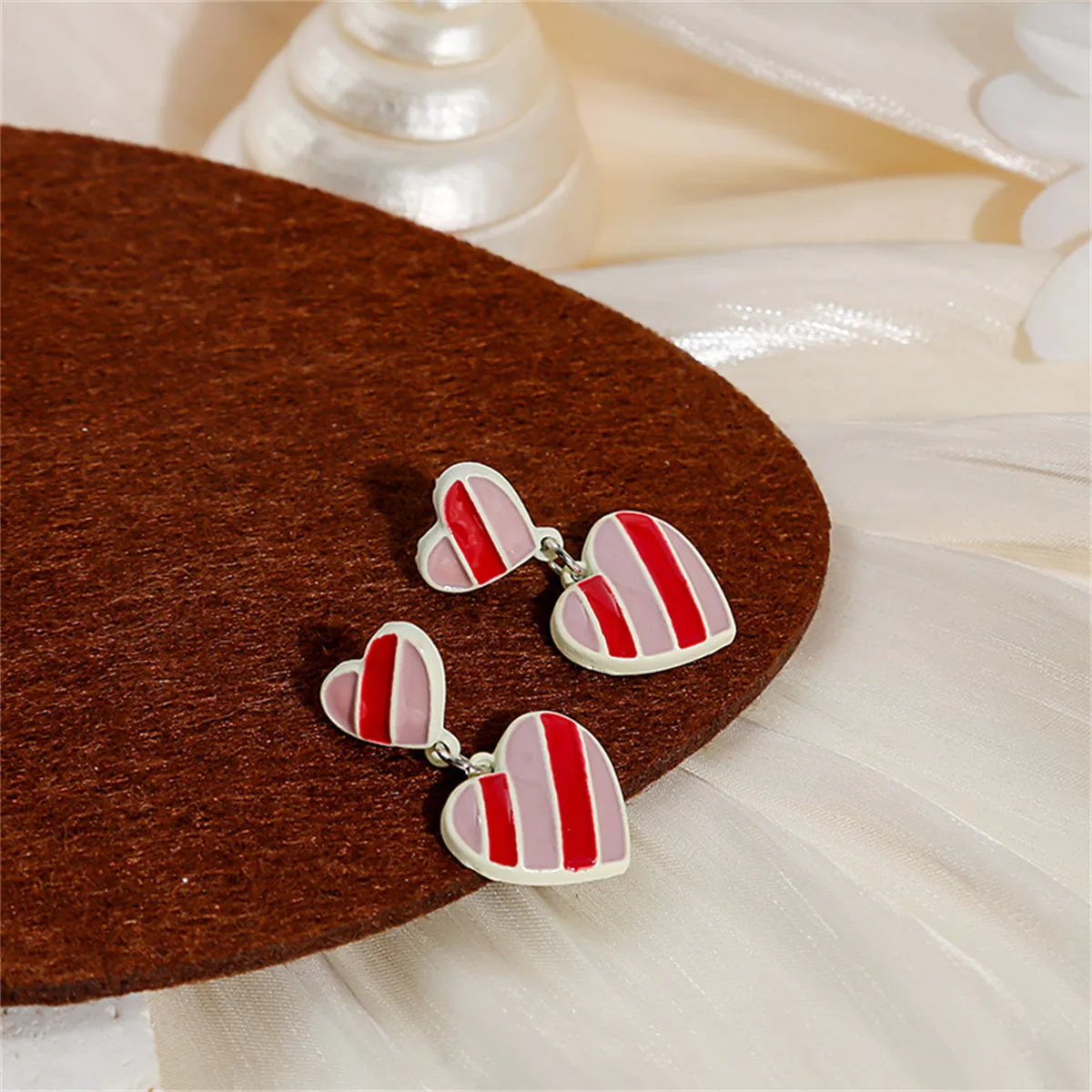 Red Enamel & 18K Gold-Plated Stripped Double Heart Drop Earrings