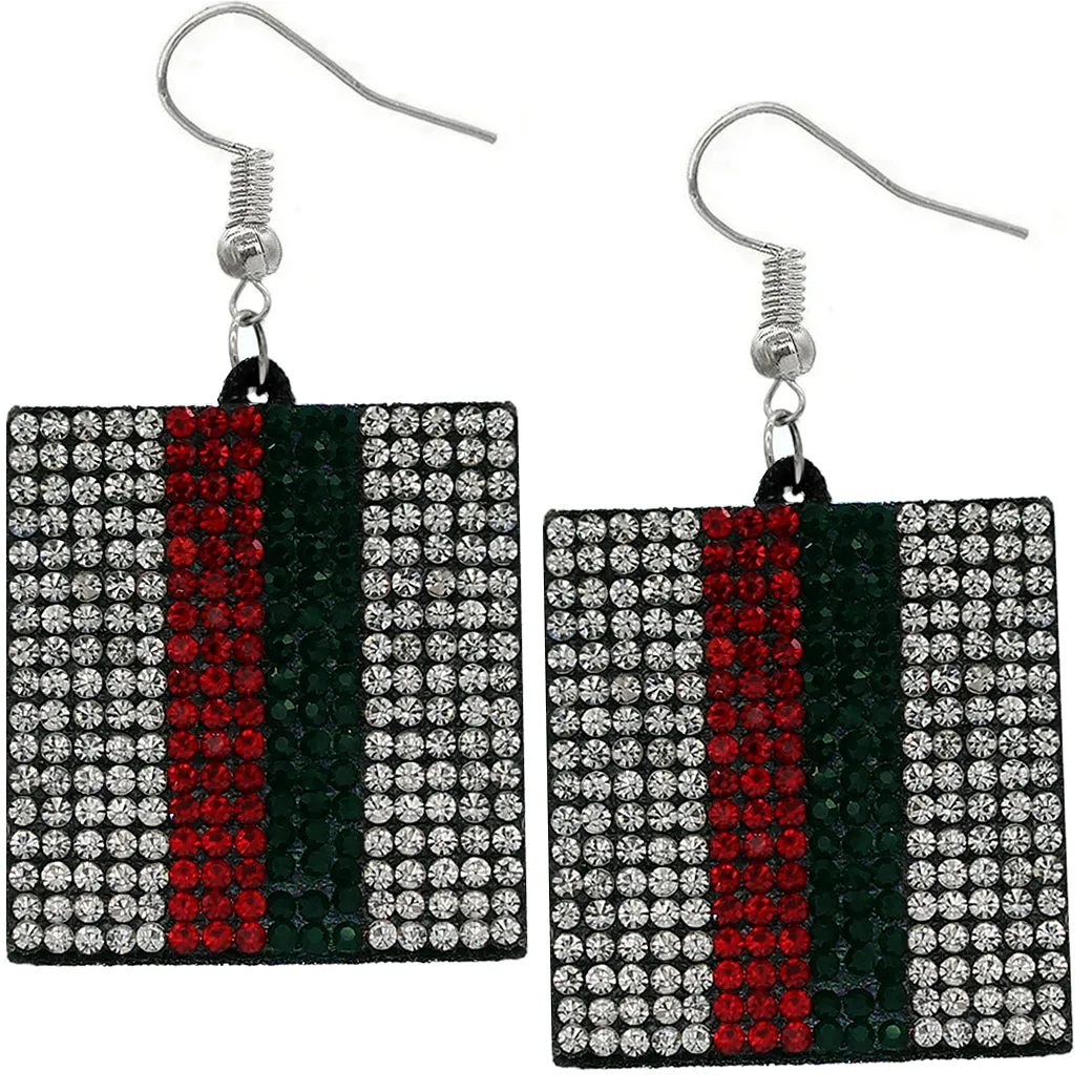 Red Green Striped Rhinestone Felt Earrings