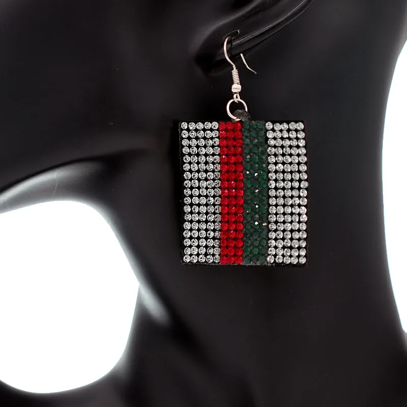 Red Green Striped Rhinestone Felt Earrings