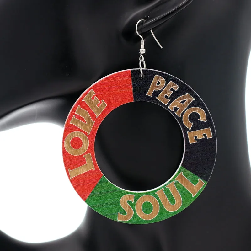 Red Multicolor Rasta Love Peace Soul Wood Earrings