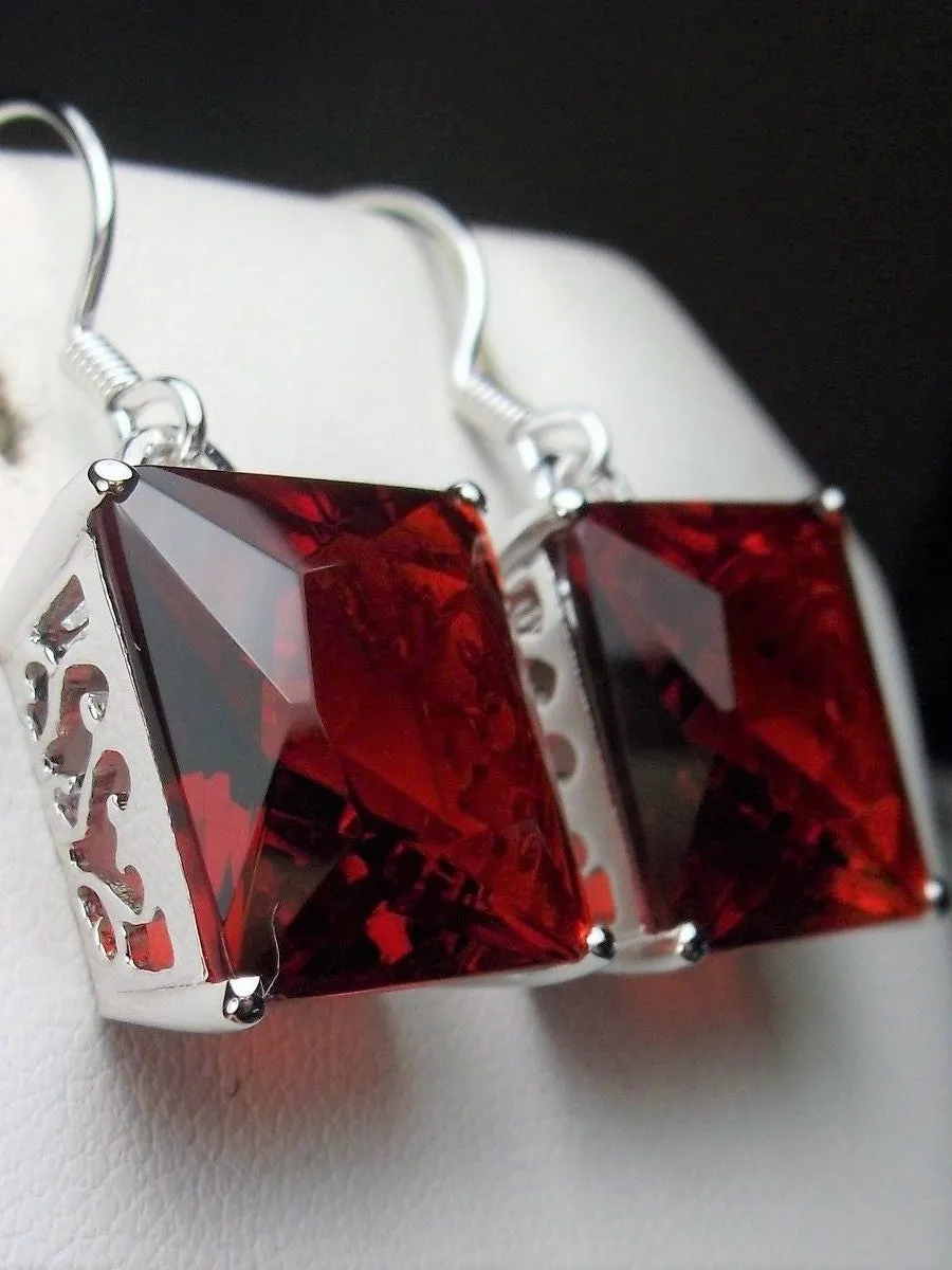 Red Ruby Earrings, Silver Art Nouveau Filigree, Vintage Style Jewelry #E45
