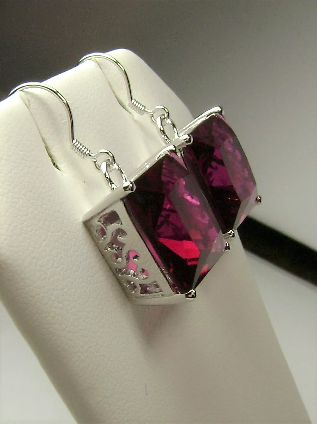Red Ruby Earrings, Silver Art Nouveau Filigree, Vintage Style Jewelry #E45