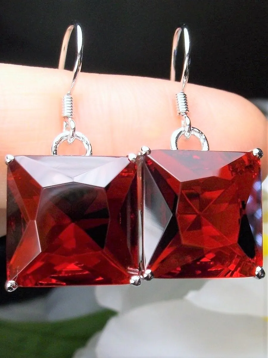 Red Ruby Earrings, Silver Art Nouveau Filigree, Vintage Style Jewelry #E45