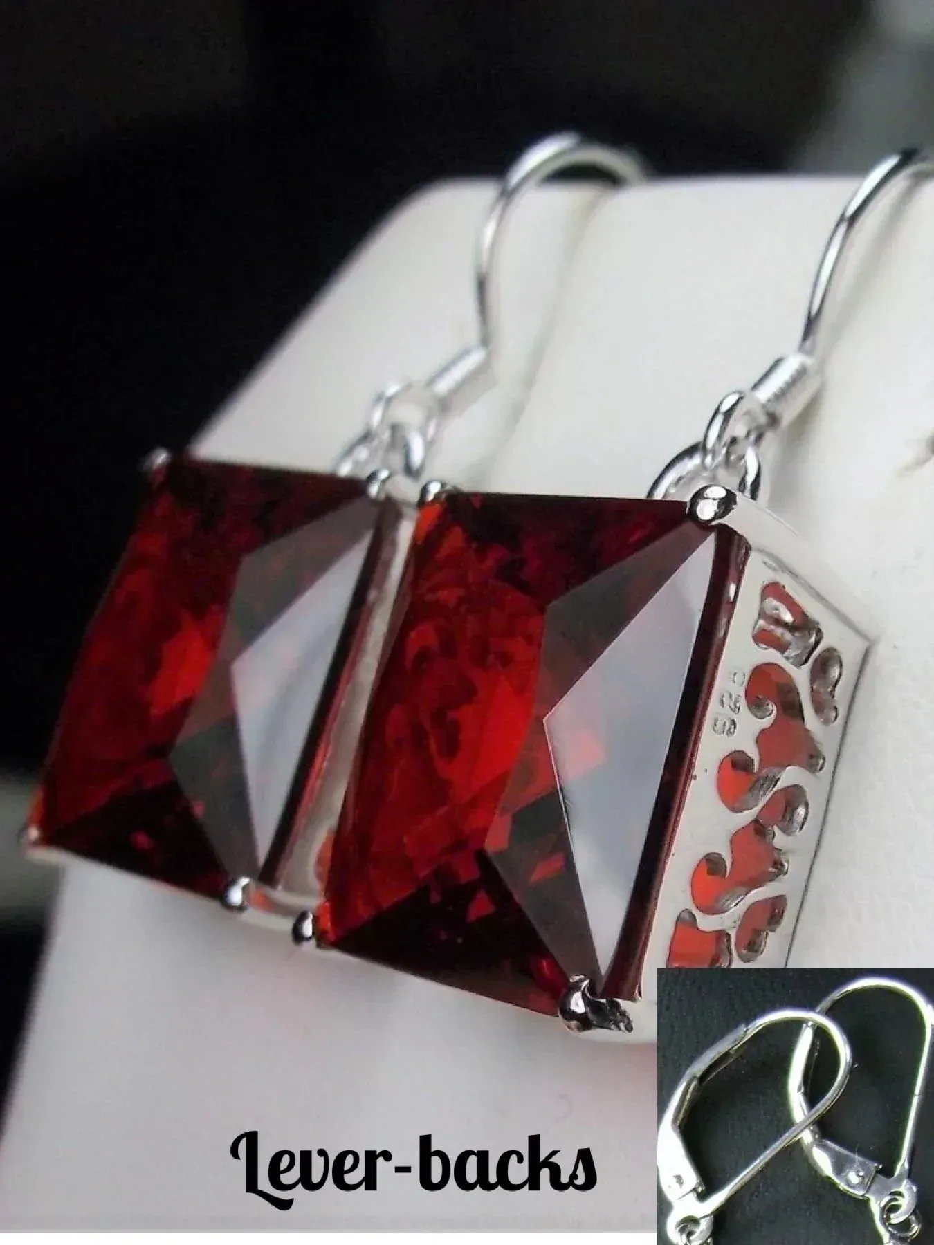 Red Ruby Earrings, Silver Art Nouveau Filigree, Vintage Style Jewelry #E45