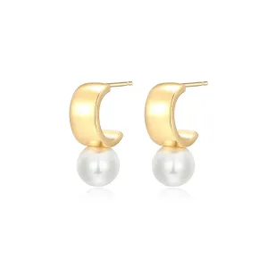 Reign Sterling Silver 18K Gold Plated (8mm) White Shell Pearl Huggie Stud Earrings