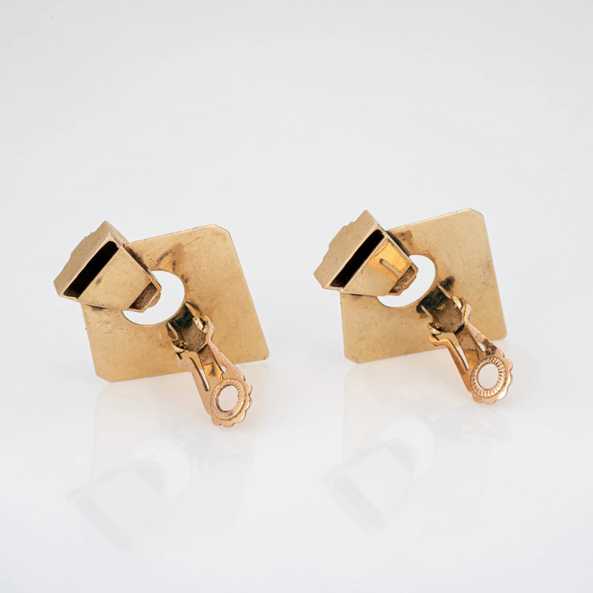 Retro Earrings 14k Yellow Gold Geometric Clip On Backings Estate Jewelry