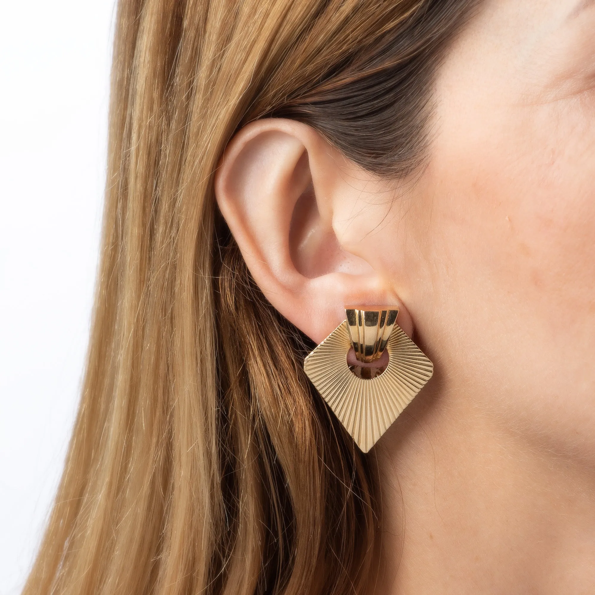 Retro Earrings 14k Yellow Gold Geometric Clip On Backings Estate Jewelry