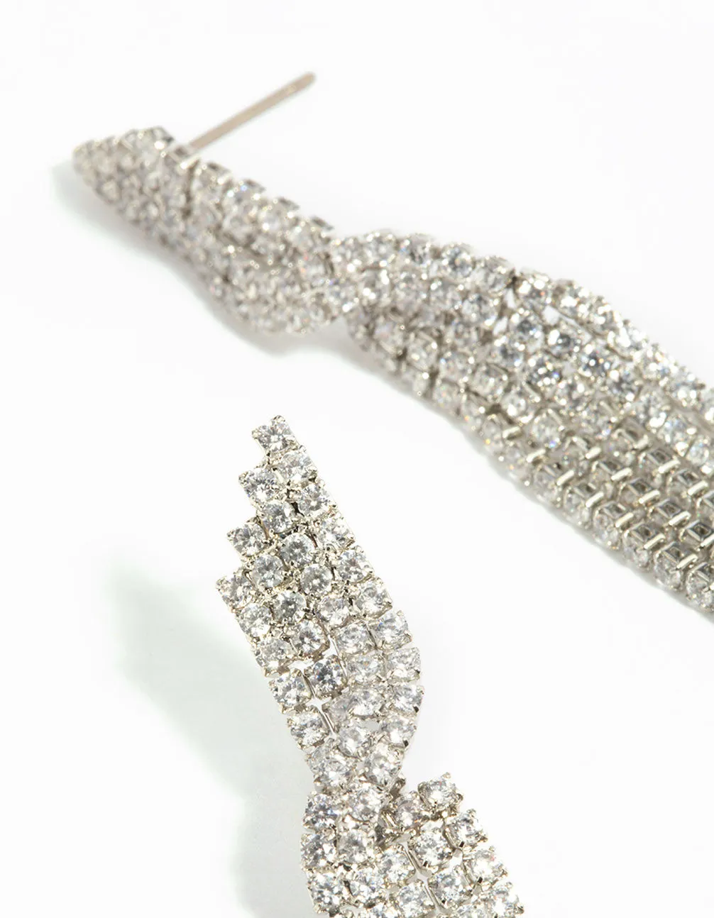 Rhodium Cubic Zirconia Twisted Drop Earrings