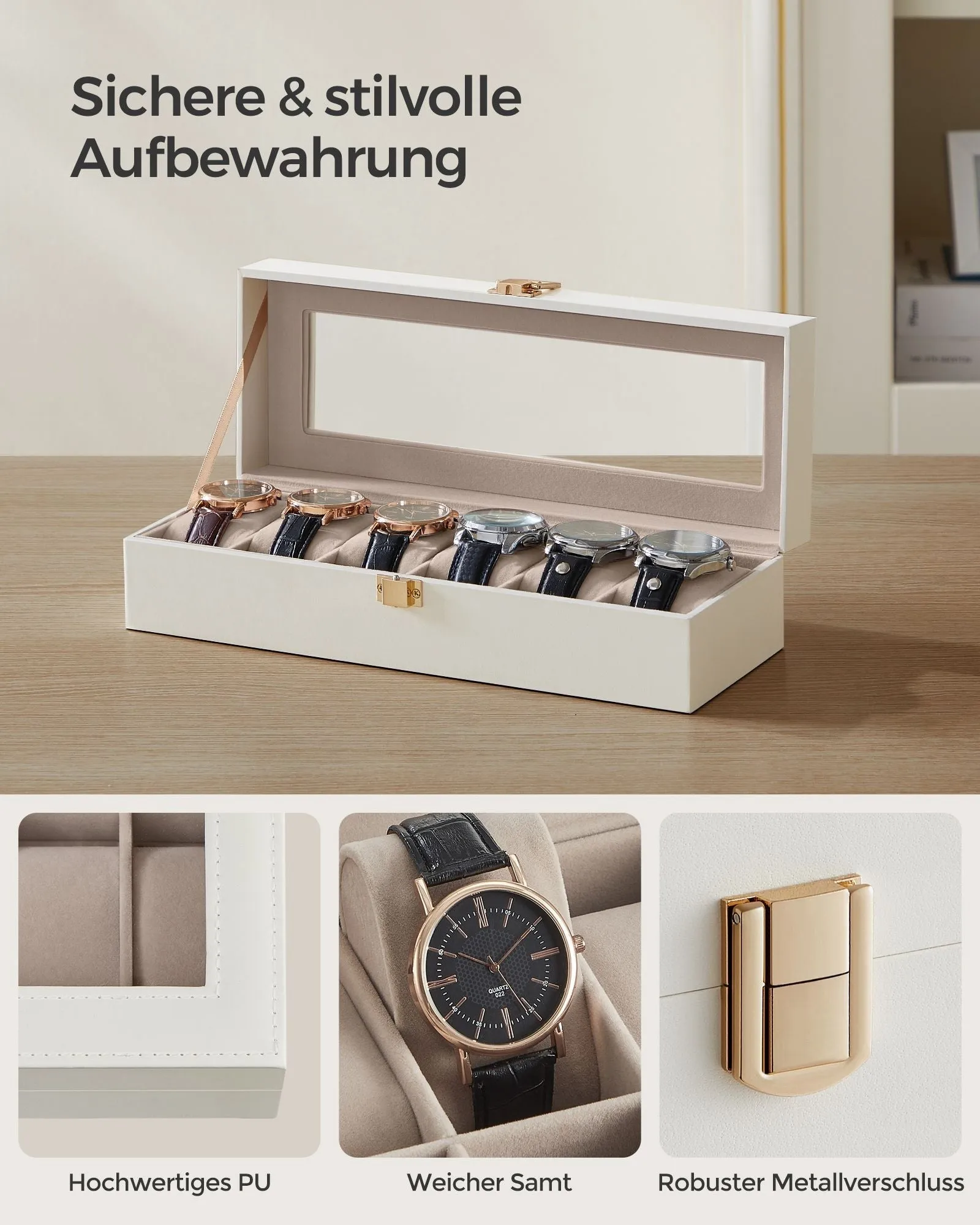 Rootz Luxury Watch Box - Jewelry Organizer - Storage Case - MDF Construction - Velvet Lining - PU Cover - Glass Lid - 11.2cm x 30cm x 8cm