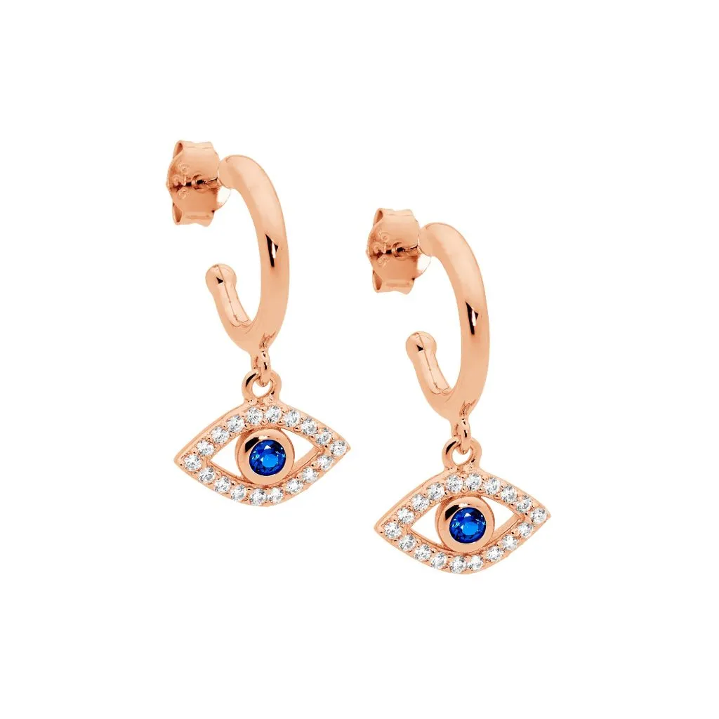 Rose Gold Plated Sterling Silver Evil Eye Cubic Zirconia Earrings 13mm E571R