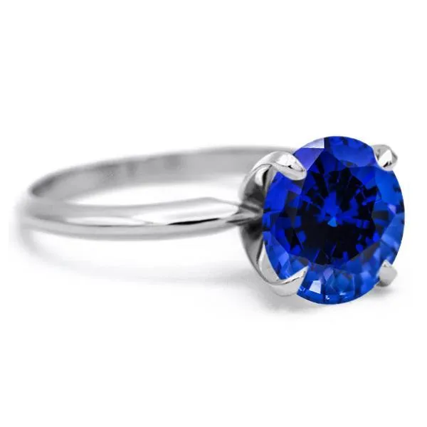 Round Blue Sapphire Platinum 4 Prongs Solitaire Ring