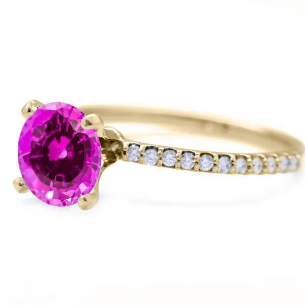 Round Pink Sapphire 4 Prongs Diamond Accent Ice Solitaire Ring