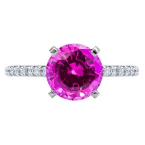 Round Pink Sapphire 4 Prongs Diamond Accent Ice Solitaire Ring