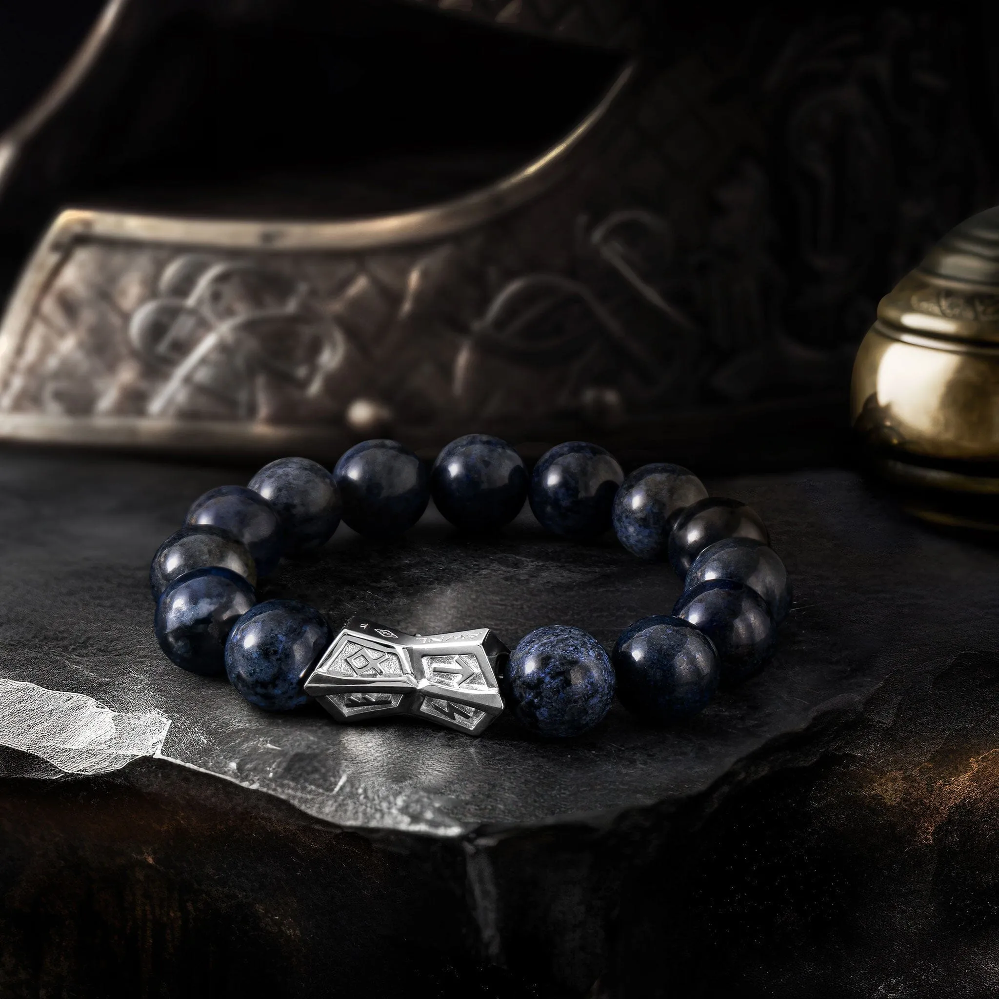 Runes-Engraved Crossguard Dumortierite Bracelet