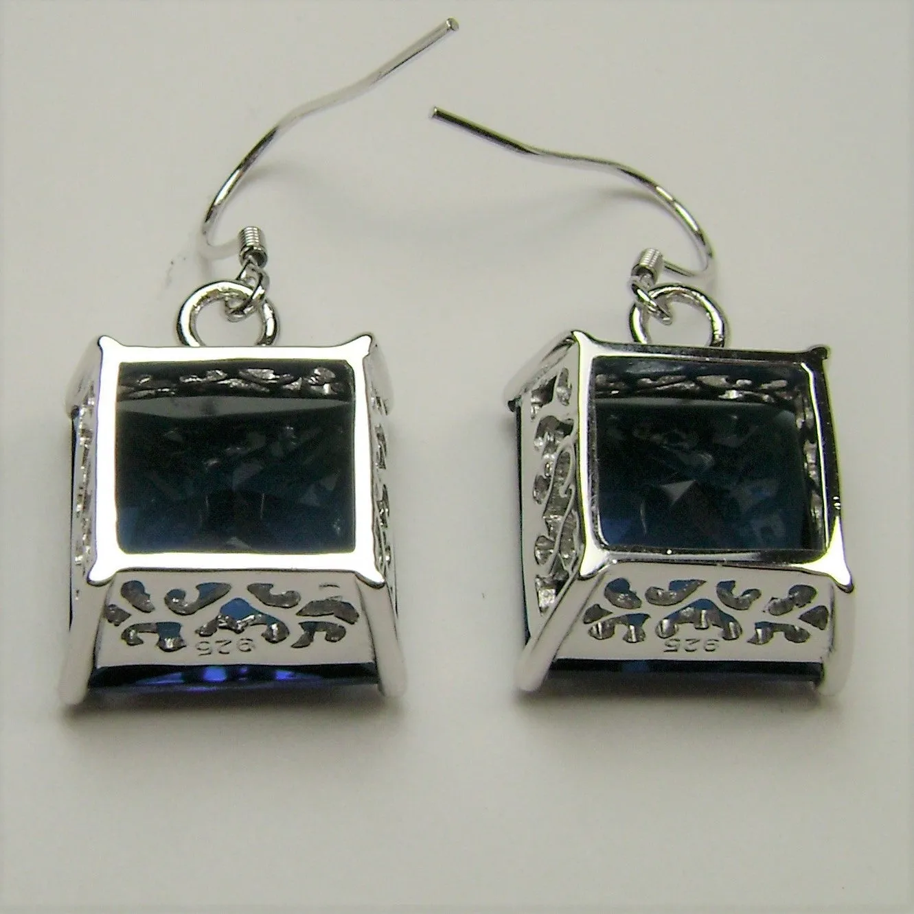 Sapphire Blue Earrings, Silver Art Nouveau Filigree, Vintage Style Jewelry #E45