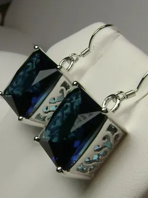 Sapphire Blue Earrings, Silver Art Nouveau Filigree, Vintage Style Jewelry #E45