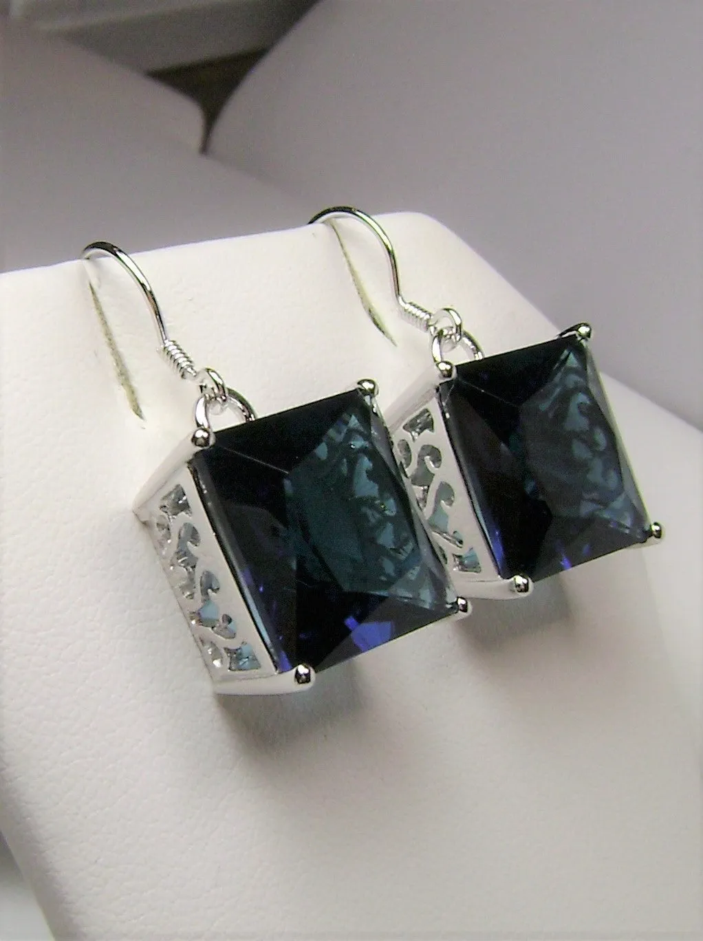 Sapphire Blue Earrings, Silver Art Nouveau Filigree, Vintage Style Jewelry #E45