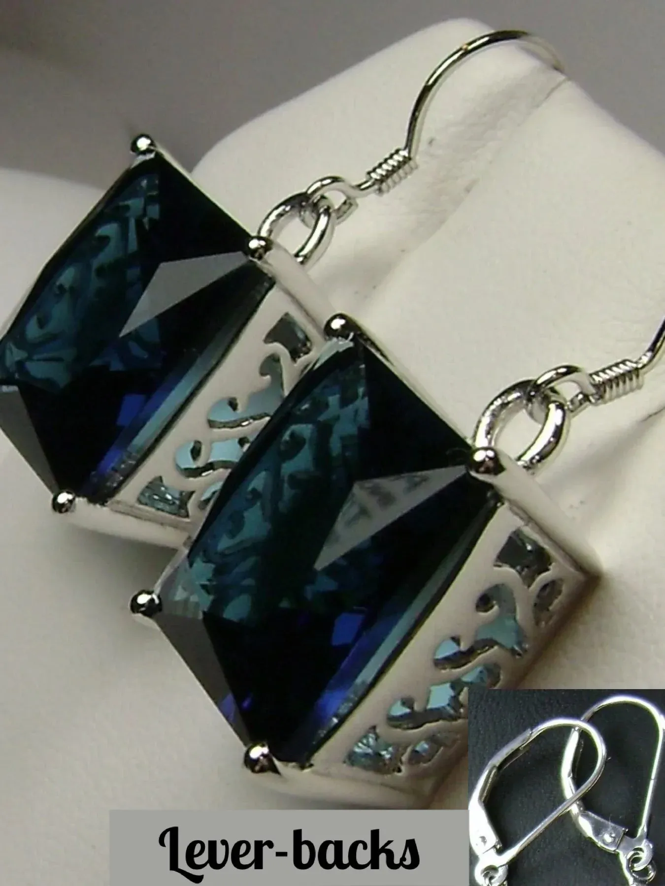 Sapphire Blue Earrings, Silver Art Nouveau Filigree, Vintage Style Jewelry #E45