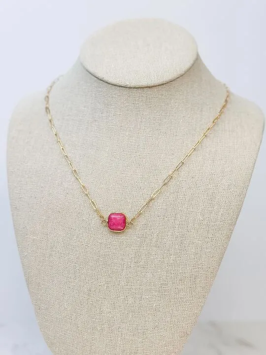 Semi Precious Square Stone Necklace - Guava