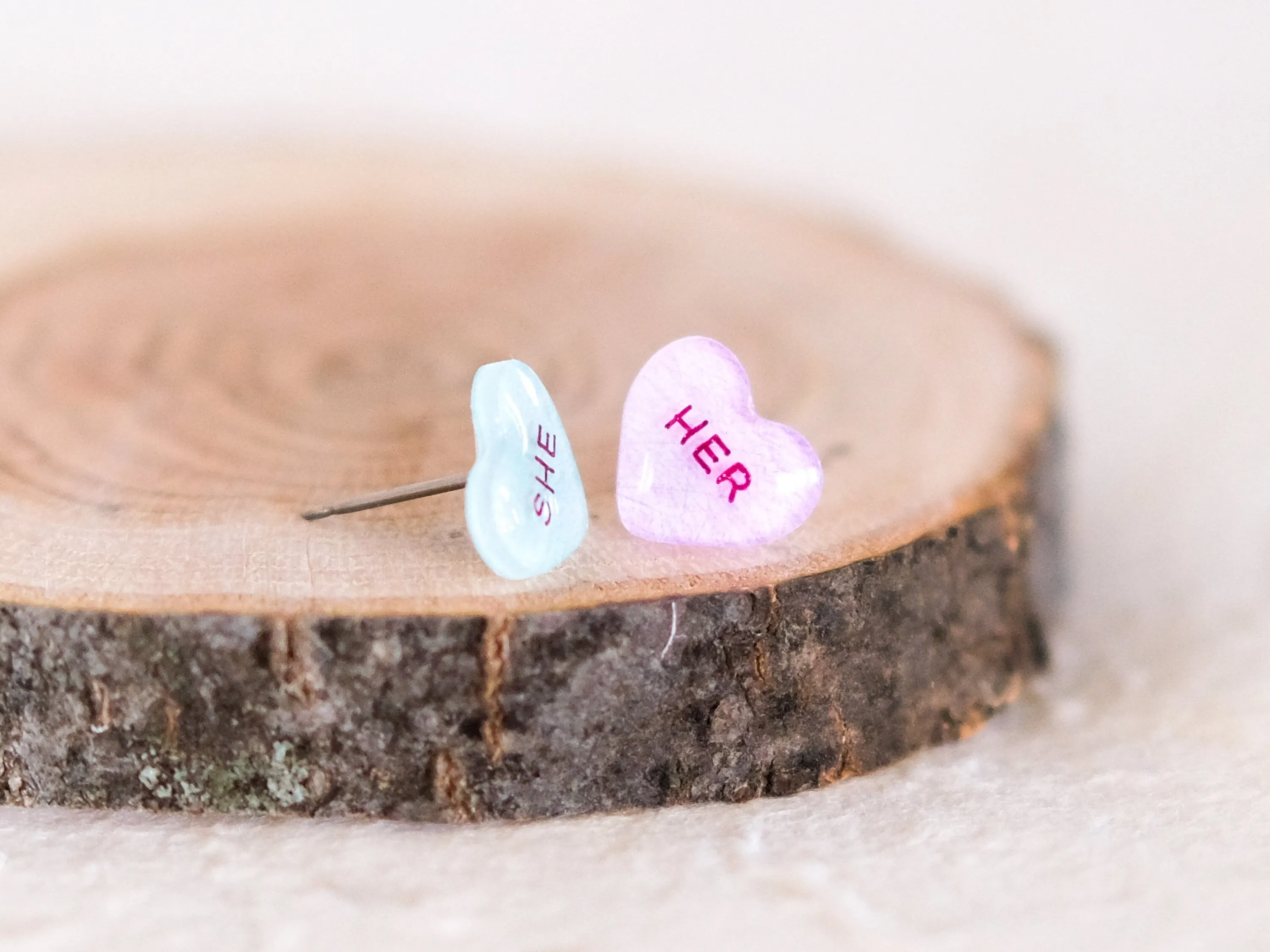 She/Her Pronoun Conversation Heart Earrings