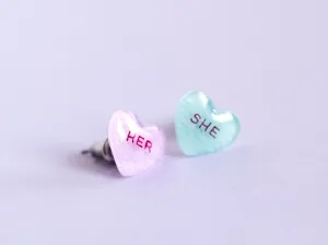 She/Her Pronoun Conversation Heart Earrings